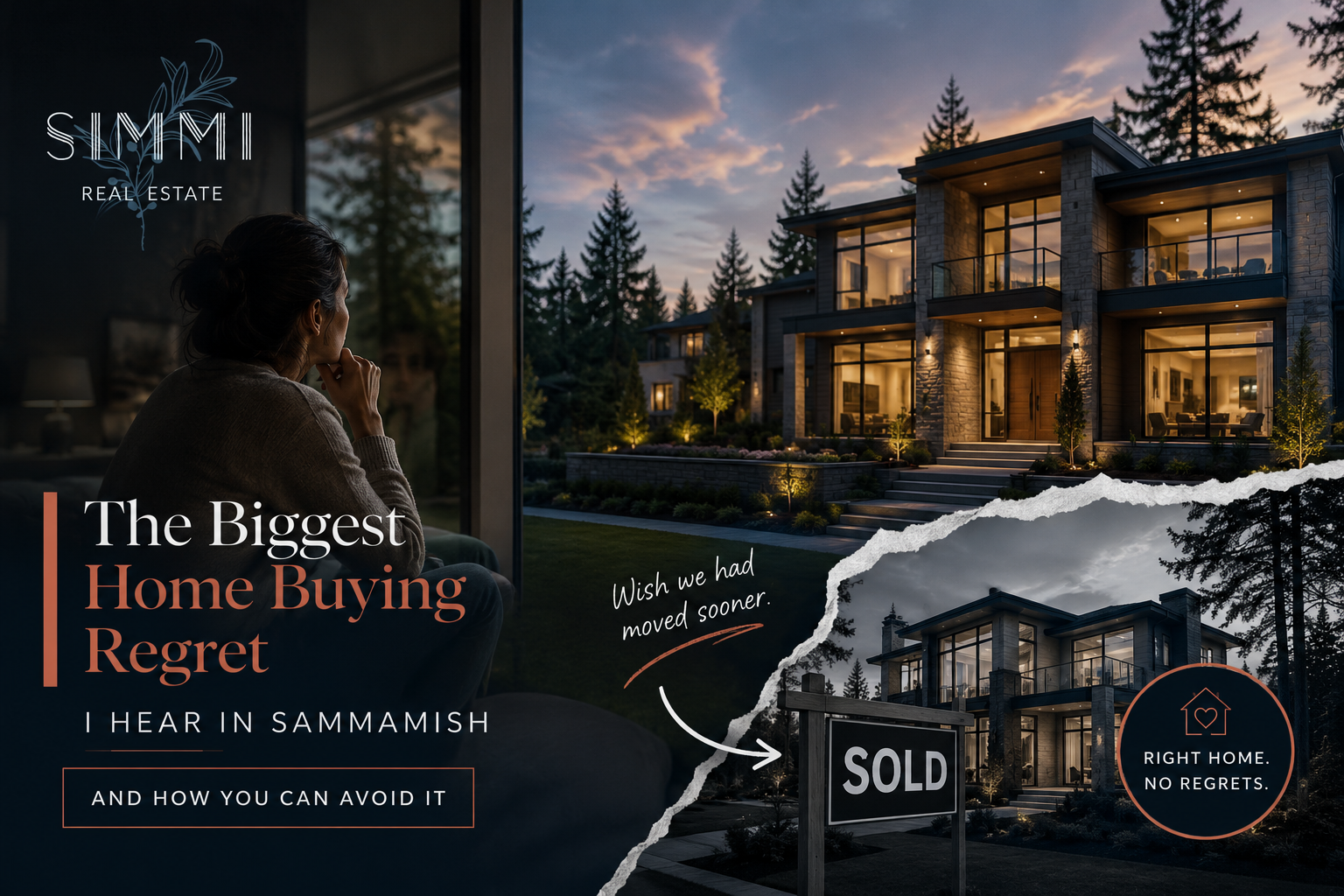 Modern luxury home in Sammamish, Washington with a homebuyer reflecting on a missed opportunity, representing common home buying regrets and expert advice for buying a home in Sammamish. Simmi Real Estate.