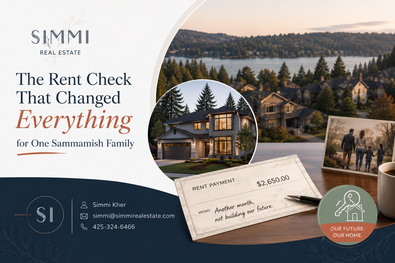 Professional real estate blog graphic featuring Simmi Real Estate branding and a visual story of a Sammamish family transitioning from renting to homeownership. The design shows a rent payment check on a table beside a family photo, with a modern home highlighted against a scenic Sammamish neighborhood backdrop. A handwritten note on the check symbolizes money spent on rent instead of building equity. The elegant navy, soft white, sage, and terracotta color palette creates a premium and trustworthy feel. The headline reads: “The Rent Check That Changed Everything for One Sammamish Family.” Contact information fo