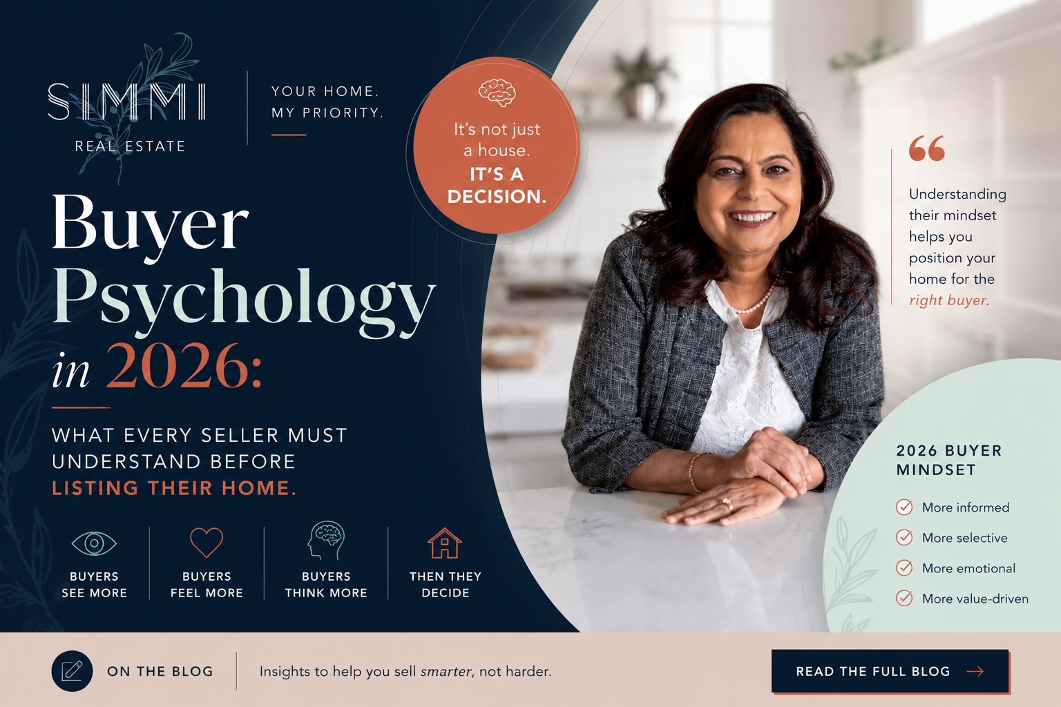 A professional real estate blog graphic featuring a smiling female realtor leaning on a kitchen island in a modern luxury home. The design uses deep navy, soft white, sage mint, and terracotta accents with elegant typography and botanical brand elements. Large headline text reads “Buyer Psychology in 2026: What Every Seller Must Understand Before Listing Their Home.” Supporting visuals highlight how modern buyers are more informed, selective, emotional, and value-driven. The Simmi Real Estate logo and branding are prominently displayed throughout the graphic.