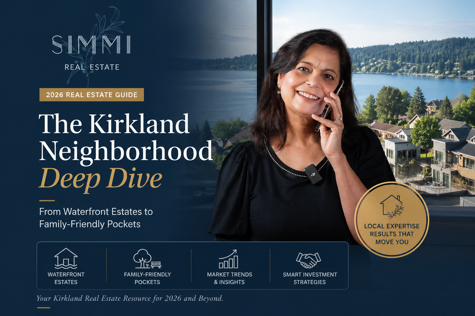 Professional real estate blog cover featuring Simmi Real Estate branding with a navy and gold luxury design. On the left, the title reads “The Kirkland Neighborhood Deep Dive” with the subtitle “From Waterfront Estates to Family-Friendly Pockets” and “2026 Real Estate Guide.” On the right, a smiling female real estate agent is shown speaking on the phone with a scenic waterfront neighborhood view in the background. The design includes icons for waterfront estates, family-friendly pockets, market trends, and smart investment strategies, along with a badge highlighting local expertise and trusted results.