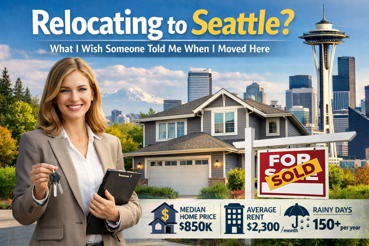 A real estate-themed Seattle relocation blog graphic showing a smiling real estate agent holding house keys and a clipboard in front of a suburban home with a sold sign. The Seattle skyline, Space Needle, and Mount Rainier appear in the background. Bold headline text reads “Relocating to Seattle? What I Wish Someone Told Me When I Moved Here,” with housing and lifestyle stats at the bottom, including median home price, average rent, and rainy days per year.