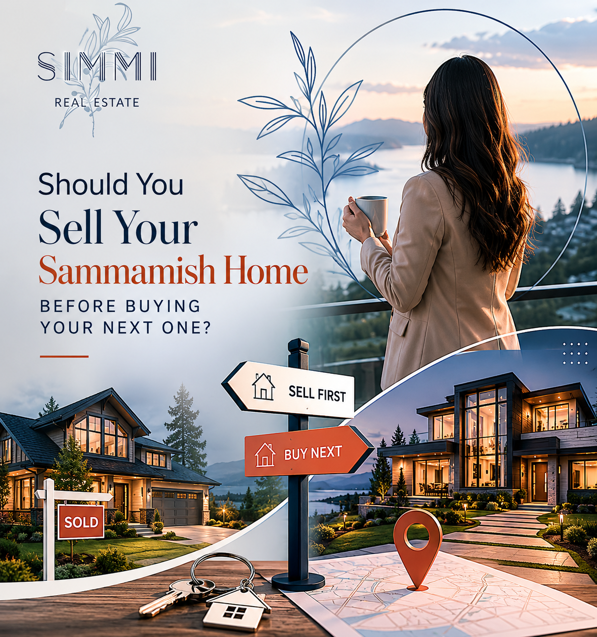Real estate decision concept showing a homeowner choosing between selling their Sammamish home or buying a new one, with modern houses and directional signs.
