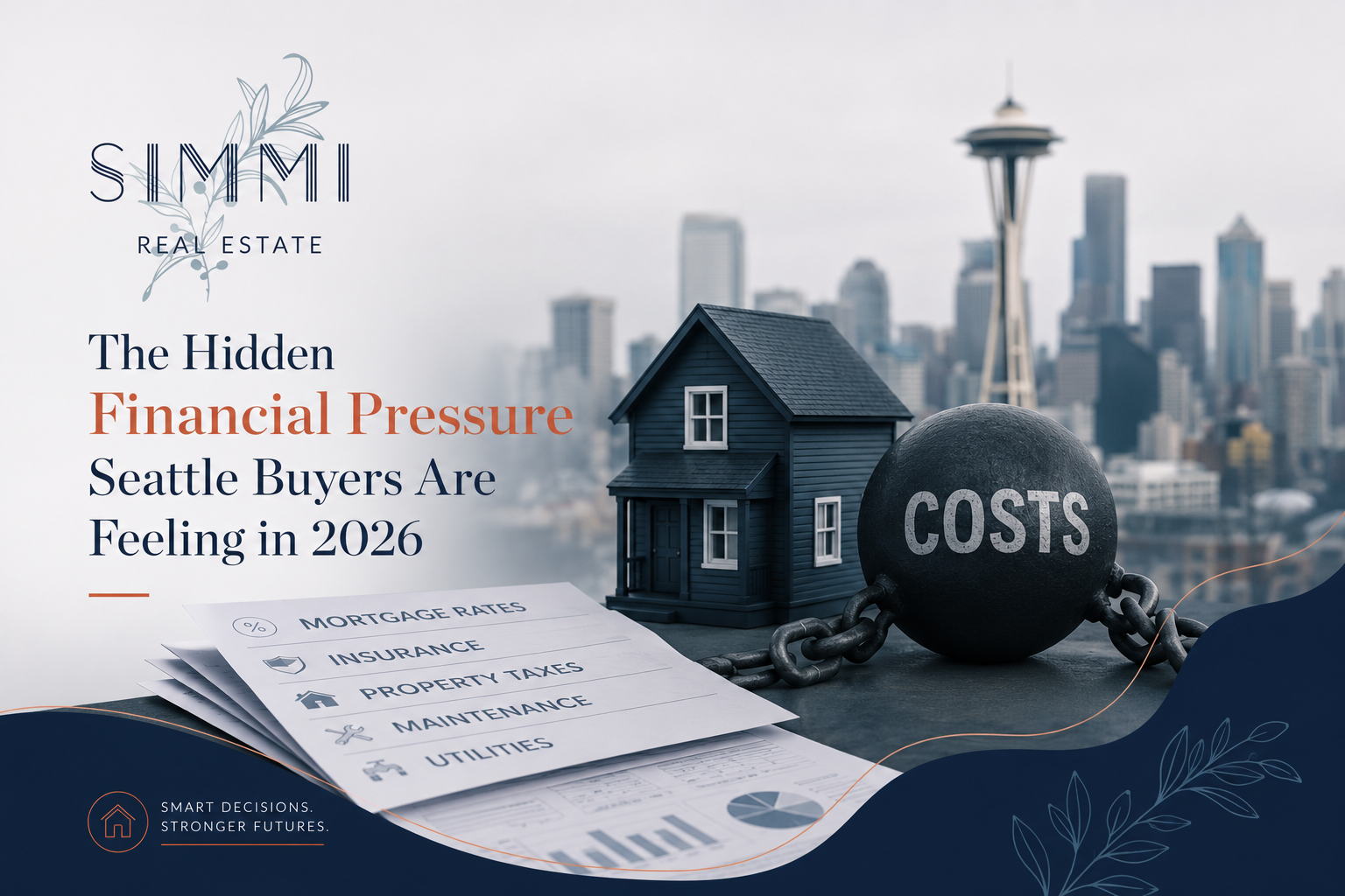 Professional real estate blog graphic showing a small house weighed down by a heavy “costs” ball with Seattle skyline in the background, illustrating financial pressure on home buyers in 2026 with Simmi Real Estate branding.