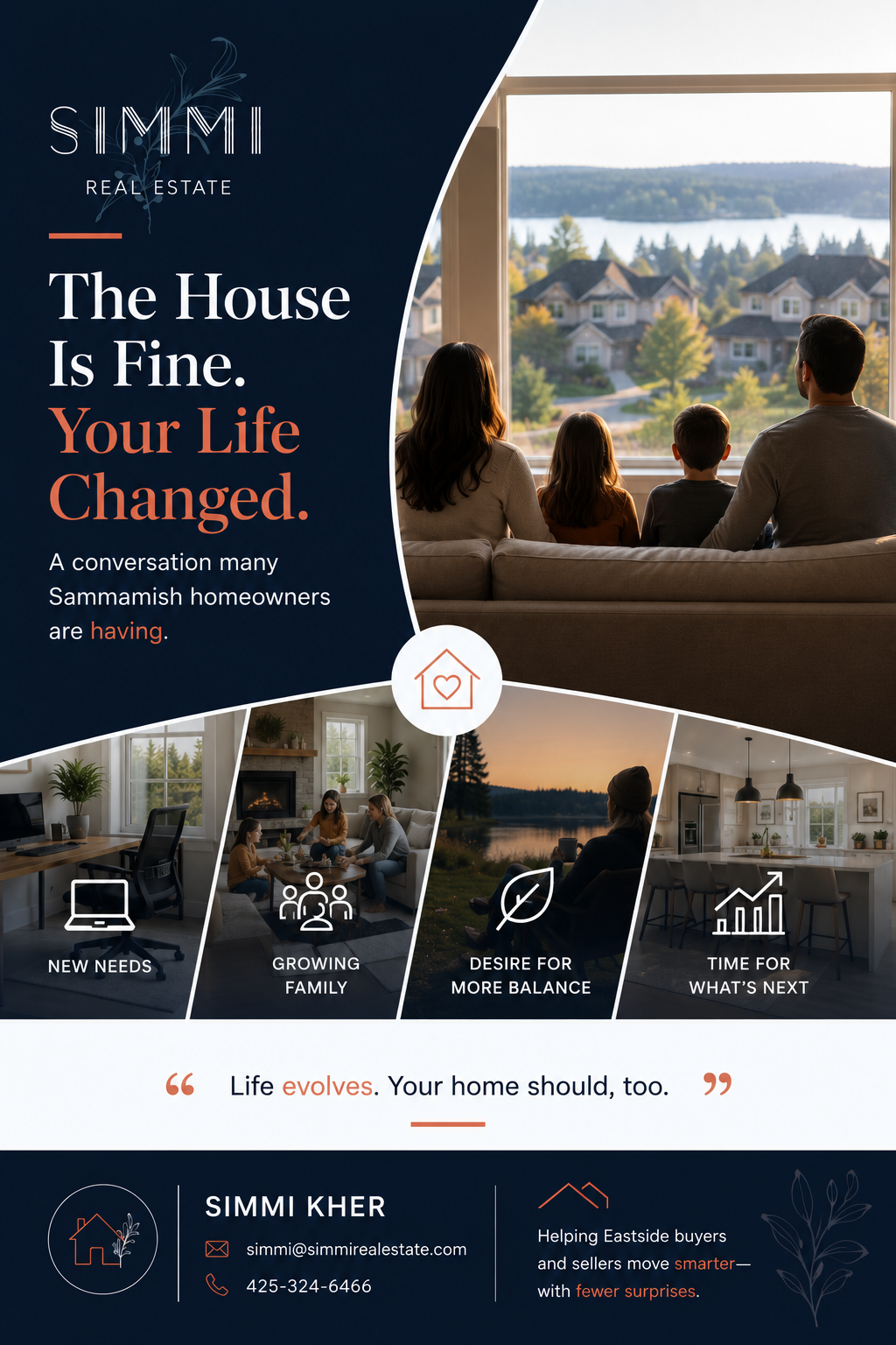 Real estate blog graphic titled “The House Is Fine. Your Life Changed,” featuring a family sitting together on a couch looking out over a scenic Sammamish neighborhood through a large window, symbolizing reflection and life transitions. The design blends a deep navy background with soft white (#FCFEFF) and subtle terracotta accents, creating a premium, modern aesthetic aligned with Simmi Real Estate branding. Supporting visuals highlight lifestyle changes such as growing families, remote work needs, desire for balance, and planning the next chapter. The image conveys emotional connection, evolving homeowner needs, and includes a professional call-to-action for Sammamish real estate expert Simmi Kher.