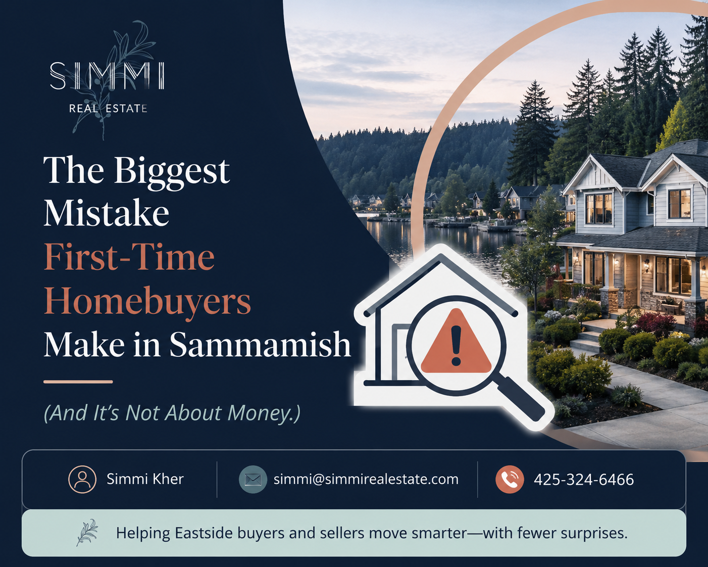 Professional real estate blog graphic for Simmi Real Estate featuring a luxury Sammamish waterfront home with a home inspection warning icon, highlighting the topic 