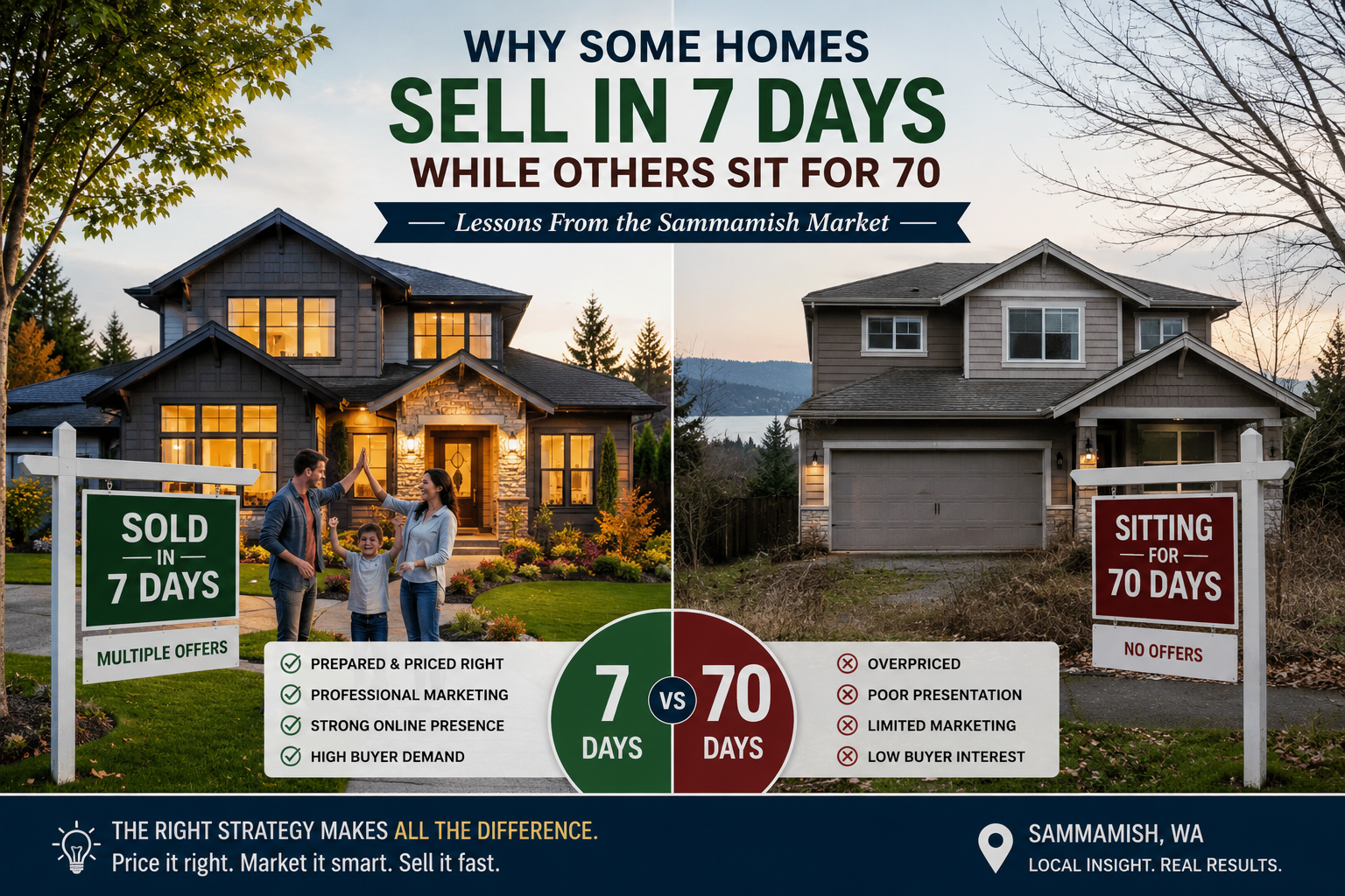 Side-by-side comparison of two suburban homes in the Sammamish real estate market. The left home is bright, professionally staged, and marked 