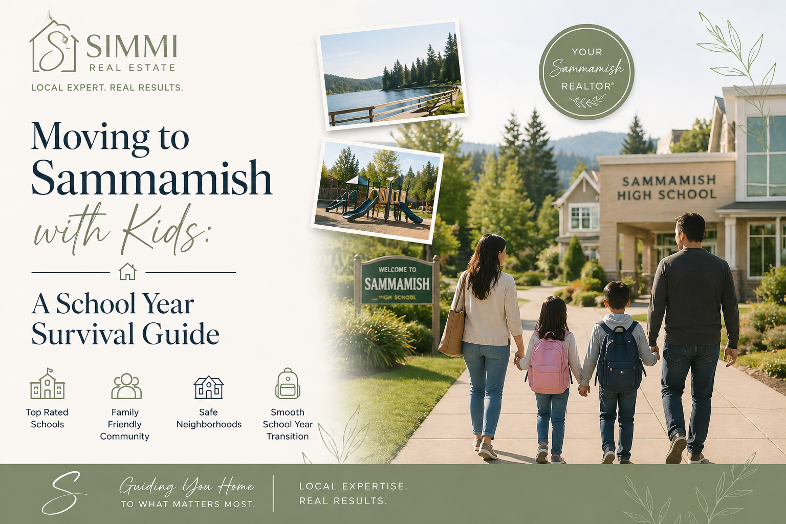 Moving to Sammamish with Kids: A School Year Survival Guide – family unpacking boxes in a cozy suburban home while children prepare backpacks and school supplies, with a yellow school bus and tree-lined neighborhood in the background.