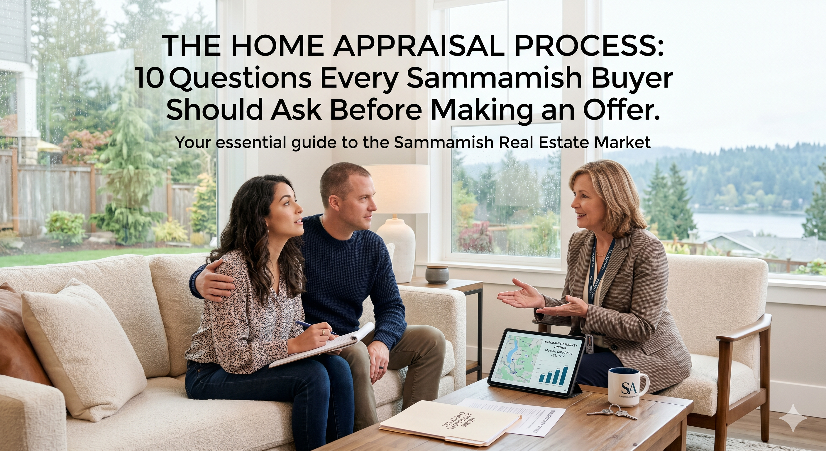 “The Home Appraisal Process: 10 Questions Every Sammamish Buyer Should Ask Before Making an Offer” featuring a homebuyer couple meeting with a real estate agent, a modern suburban home with a for sale sign, rising market stats chart, appraisal documents, calculator, keys, and checklist questions about value, repairs, neighborhood, and pricing strategy.