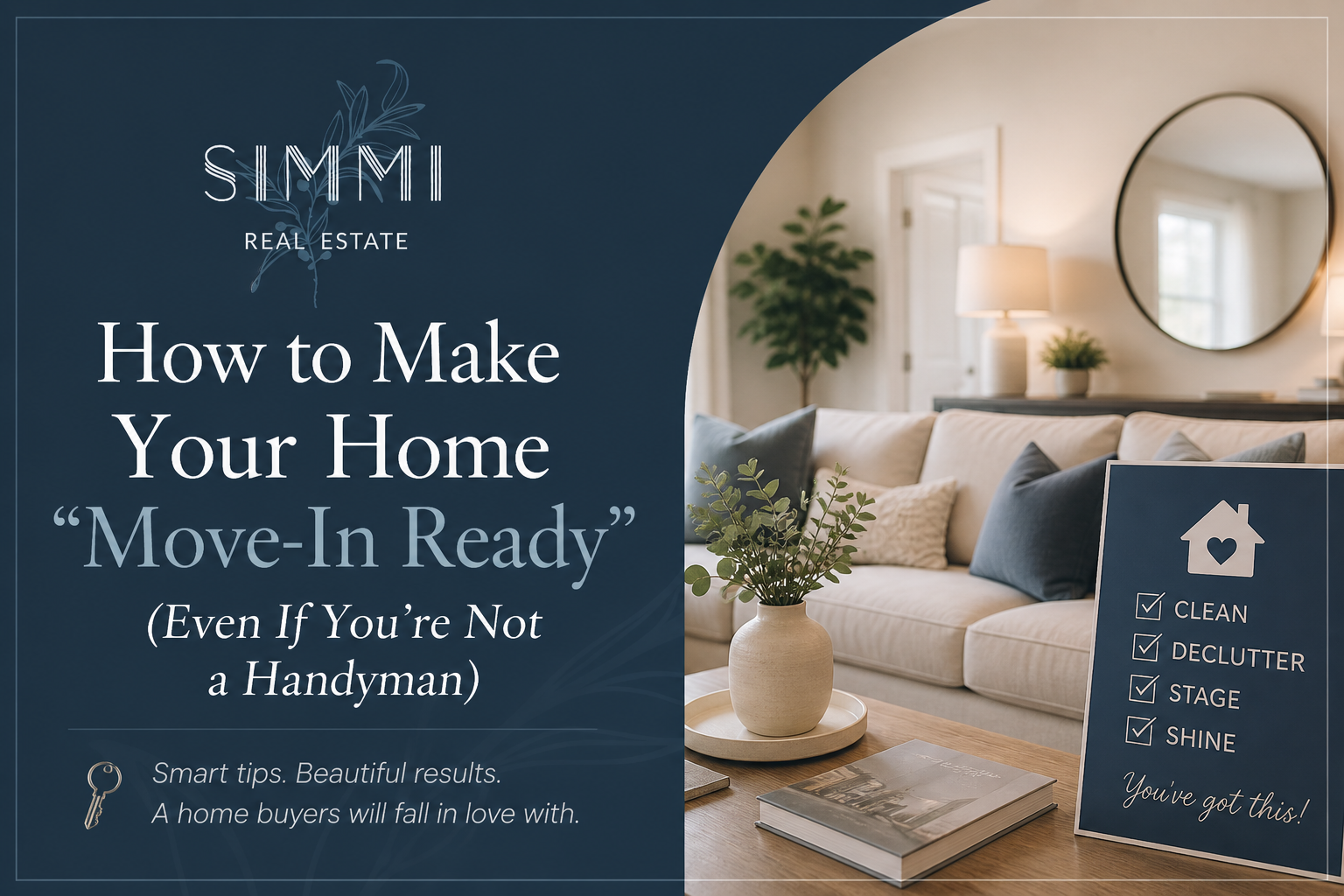 A polished real estate blog header featuring the “SIMMI Real Estate” logo on a deep navy background. On the left, elegant text reads “How to Make Your Home ‘Move-In Ready’ (Even If You’re Not a Handyman)” with a refined, modern layout. On the right, a bright, tastefully staged living room includes a neutral sofa, decorative pillows, a plant, and a coffee table with a checklist sign that reads “Clean, Declutter, Stage, Shine.” The overall design feels warm, professional, and inviting, appealing to home sellers preparing their property for the market.