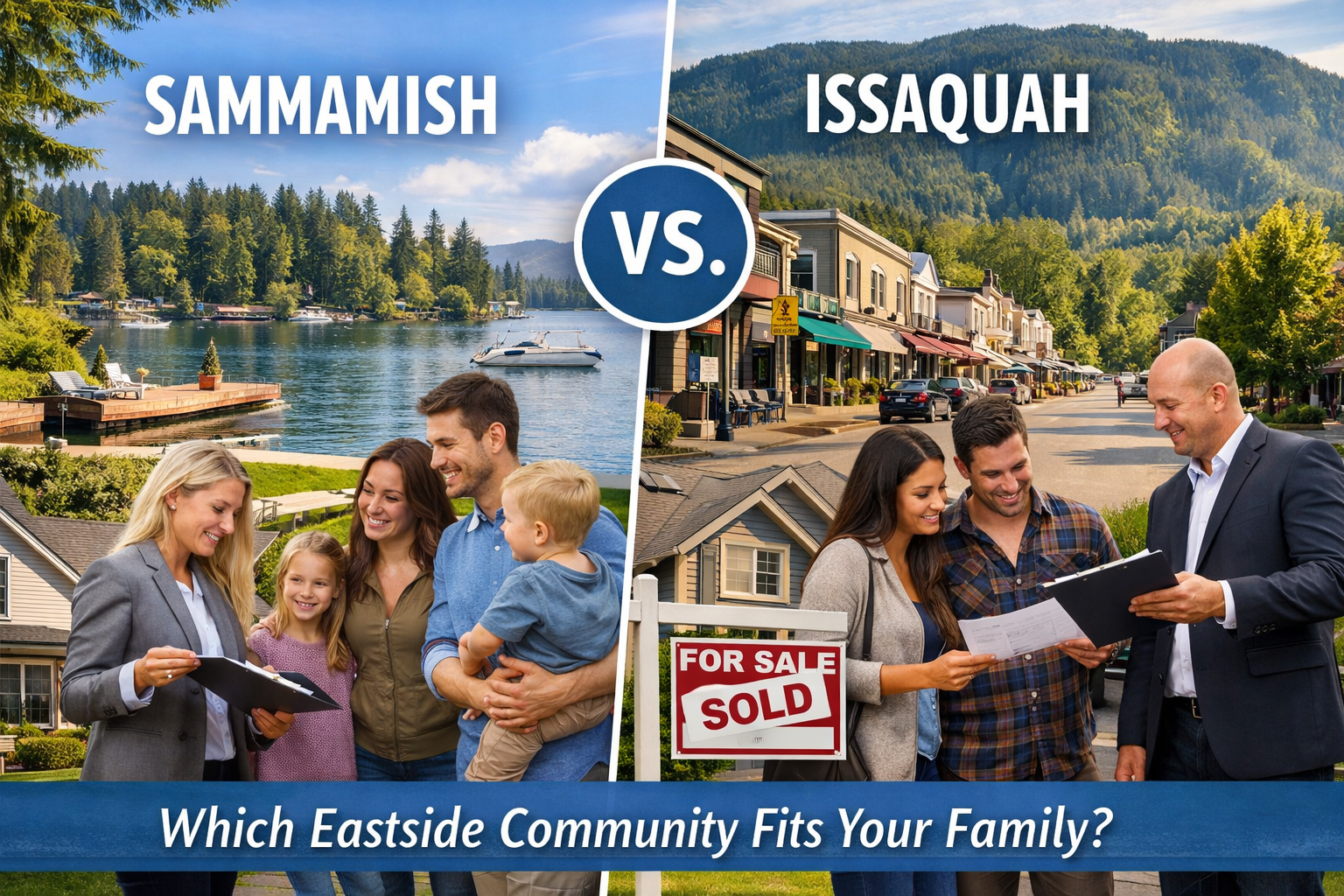 A split-screen real estate marketing image comparing two Eastside Washington communities, Sammamish and Issaquah, with a central “VS.” badge. The left side shows Sammamish with a peaceful lakeside setting, evergreen trees, docks, and boats, along with a family interacting with a real estate agent in front of a suburban home. The right side shows Issaquah with a walkable downtown street backed by forested mountains, featuring a couple reviewing property documents with a real estate agent beside a home listing sign.  At the bottom, a banner reads “Which Eastside Community Fits Your Family?” emphasizing a lifestyle and housing comparison theme for prospective homebuyers.