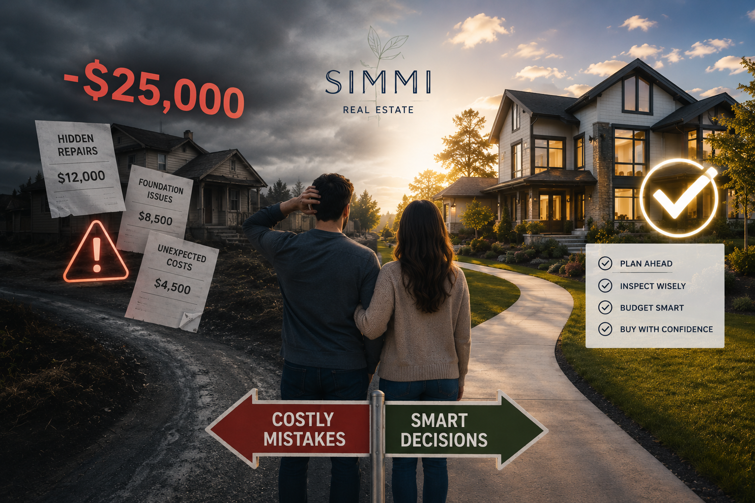 Real estate graphic showing first-time buyers avoiding a $25,000 home buying mistake through smart planning and home inspections.