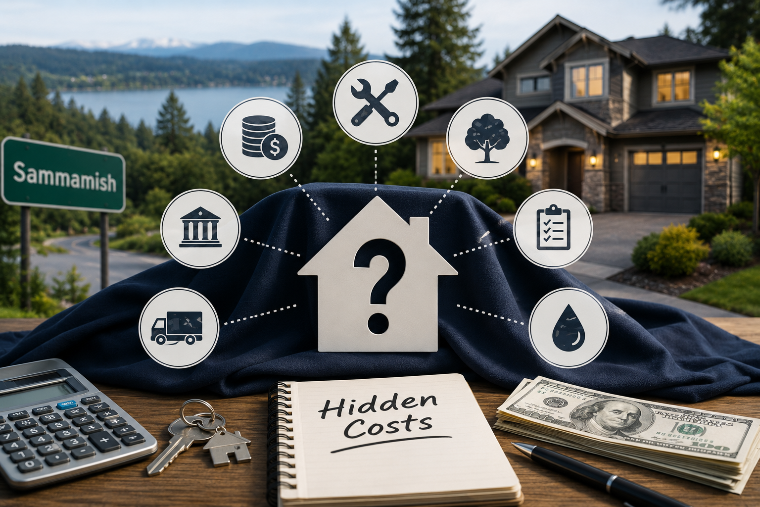 A modern real estate blog banner illustrating the hidden costs of buying a home in Sammamish, Washington. A contemporary luxury home sits in the background while a house-shaped icon with a question mark is surrounded by symbols representing unexpected homeownership expenses, including closing costs, maintenance, utilities, property taxes, landscaping, moving costs, and inspections. A calculator, house keys, cash, and a notebook labeled 
