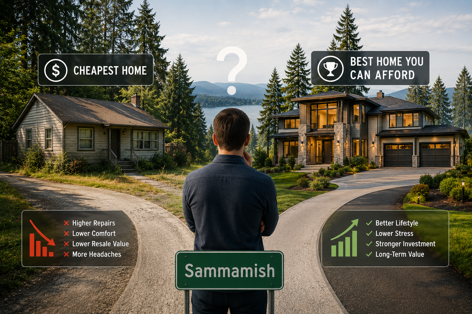 A cinematic real estate blog banner showing a homebuyer standing at a fork in the road in Sammamish, Washington, choosing between an older, lower-priced house and a modern luxury home. The image symbolizes the decision between buying the cheapest home or the best home within your budget. Minimal comparison graphics highlight the long-term trade-offs of each choice, with a Sammamish road sign and scenic Pacific Northwest landscape reinforcing the local real estate setting.