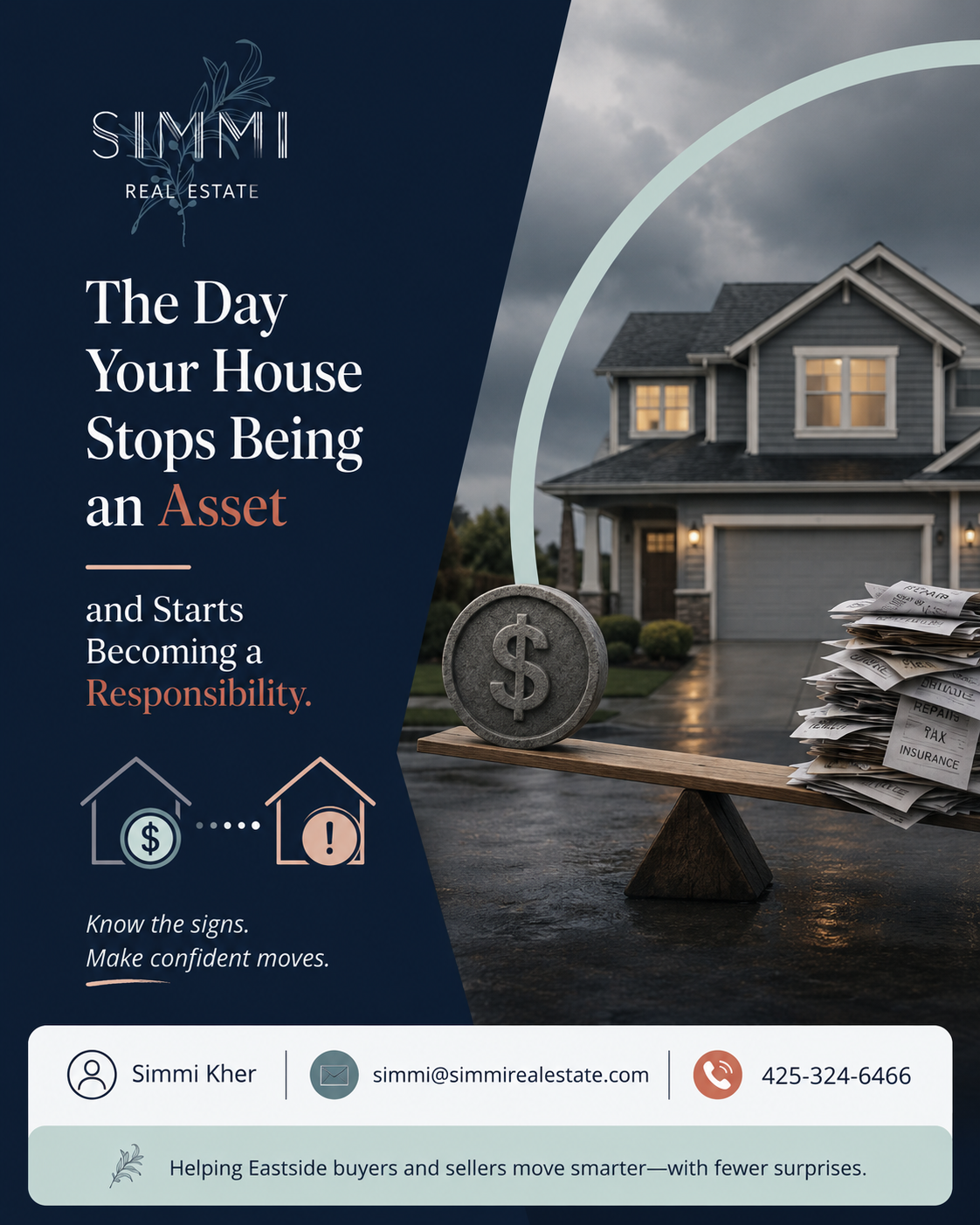 Professional real estate blog graphic illustrating the moment a home shifts from being a financial asset to a growing responsibility. A modern house under dark, stormy skies is paired with a visual balance showing home value on one side and a stack of maintenance, tax, insurance, and repair bills on the other. The design features the Simmi Real Estate logo, a premium navy, white, and terracotta color palette, minimal typography, and a call-to-action with Simmi Kher's email, phone number, and the tagline: 