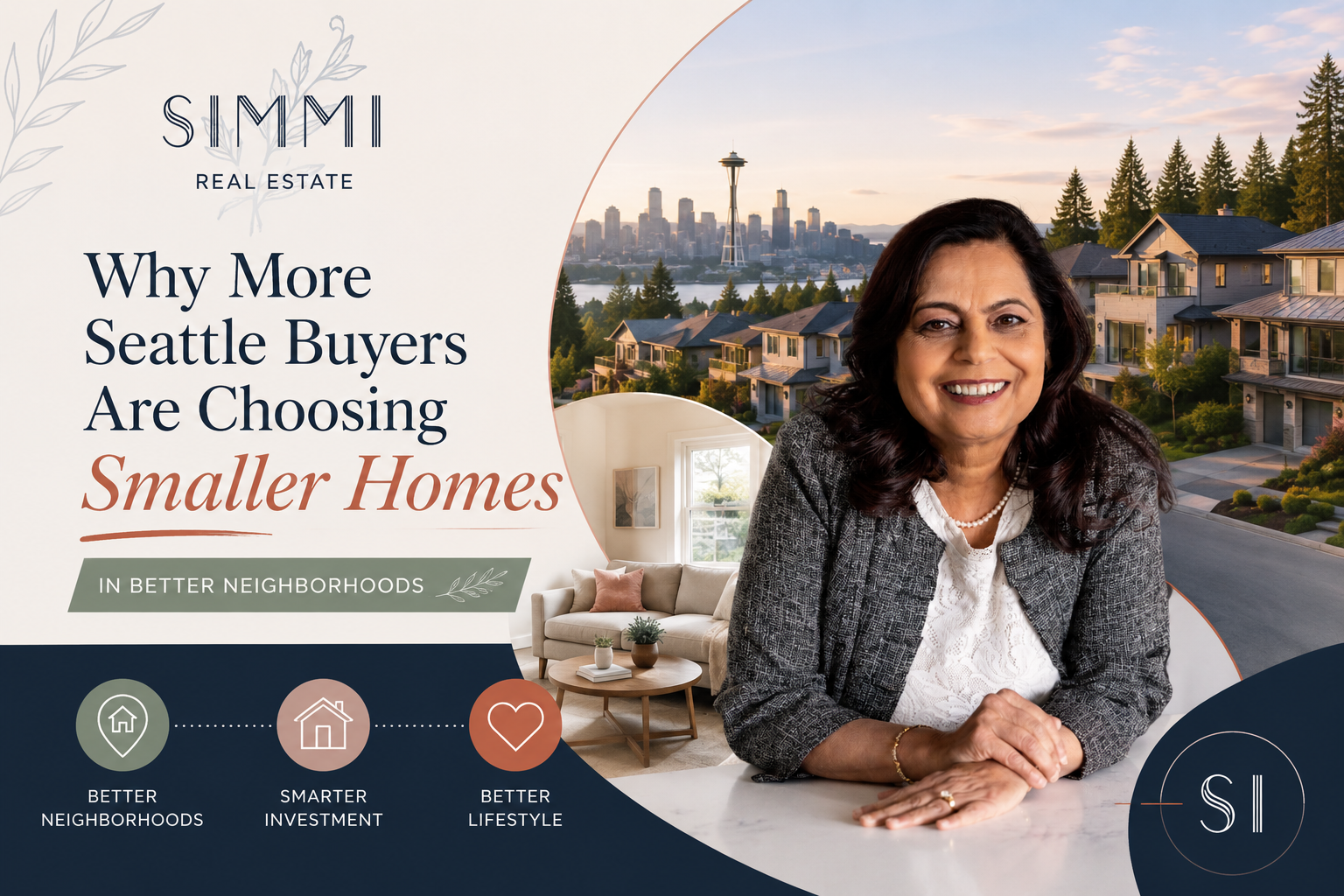 Professional real estate blog graphic featuring Simmi Real Estate branding and a smiling female realtor leaning on a modern kitchen island. The design combines upscale Seattle neighborhood homes, skyline views, and a cozy smaller home interior to visually represent buyers prioritizing location over size. Elegant navy, sage, blush, and terracotta tones create a premium aesthetic. Bold typography reads: “Why More Seattle Buyers Are Choosing Smaller Homes in Better Neighborhoods.” Icons emphasize lifestyle, smarter investment, and better neighborhoods.