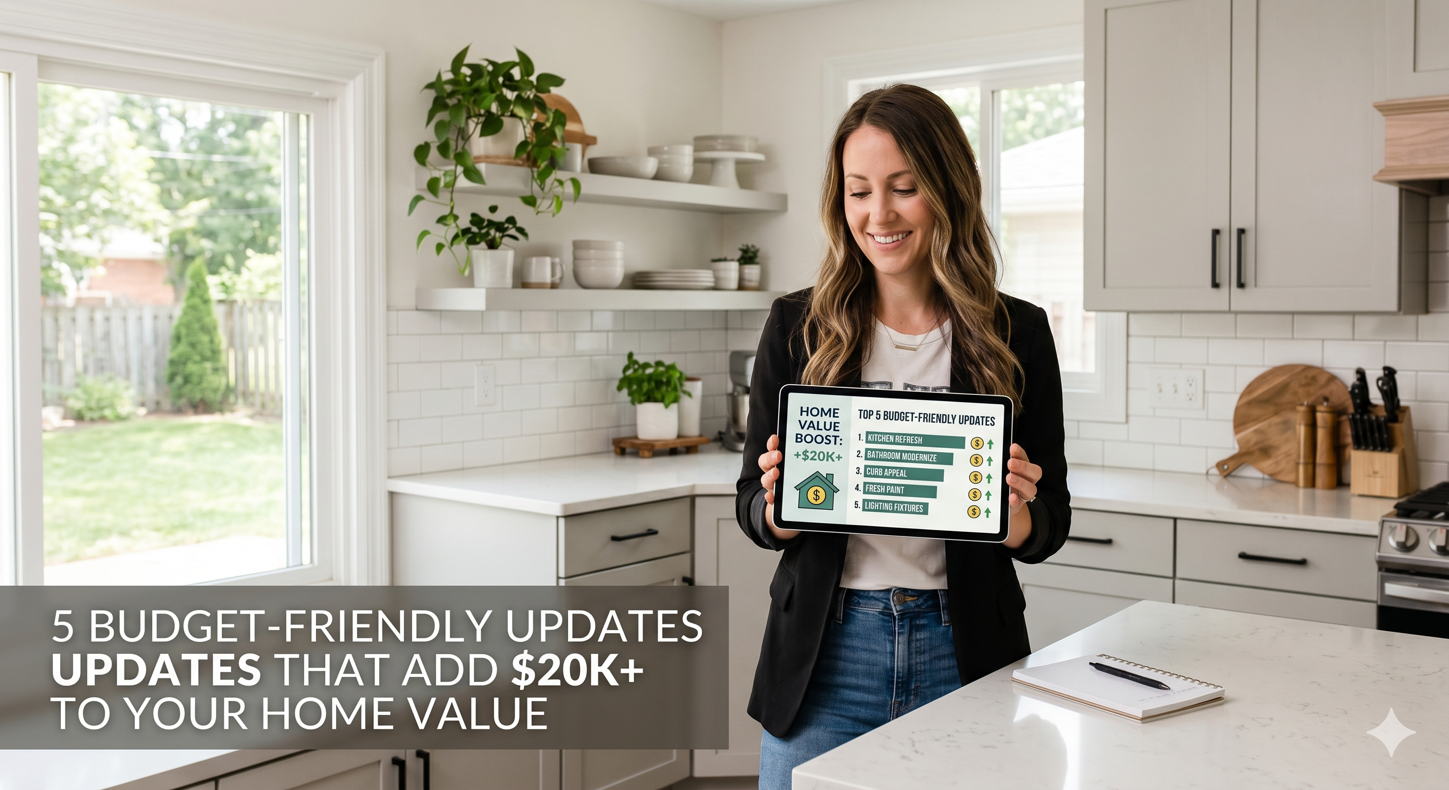 A smiling woman stands in a modern kitchen, holding a tablet that displays an infographic for increasing home value. A large text overlay reads '5 BUDGET-FRIENDLY UPDATES THAT ADD $20K+ TO YOUR HOME VALUE'. The tablet lists 'TOP 5 BUDGET-FRIENDLY UPDATES': 1. KITCHEN REFRESH, 2. BATHROOM MODERNIZE, 3. CURB APPEAL, 4. FRESH PAINT, 5. LIGHTING FIXTURES, with an arrow indicating a '$20K+' increase.