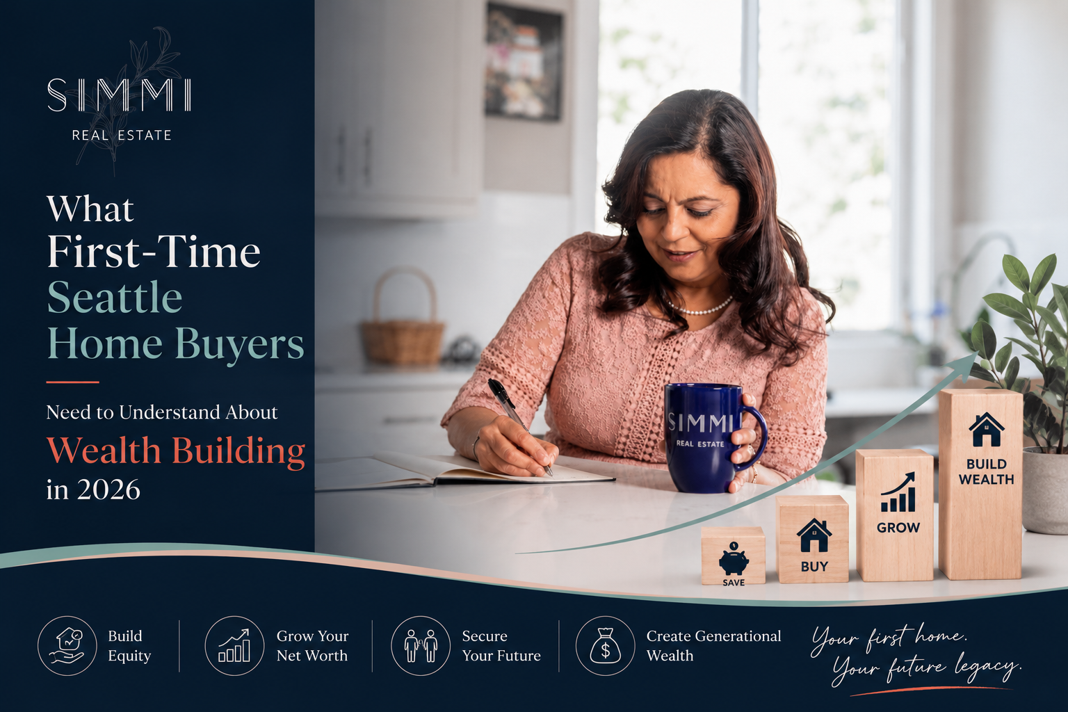 Professional real estate blog graphic featuring Simmi Kher seated at a bright kitchen island, thoughtfully writing in a notebook while holding a branded SIMMI Real Estate mug. A sophisticated navy panel on the left displays the blog title, “What First-Time Seattle Home Buyers Need to Understand About Wealth Building in 2026.” On the right, a visual wealth-building journey is illustrated through ascending wooden blocks labeled Save, Buy, Grow, and Build Wealth, connected by an upward growth curve. The design uses a premium navy, sage mint, soft white, and terracotta color palette, symbolizing how homeownership can become a pathway to long-term financial growth and generational wealth for first-time buyers in the Seattle market.