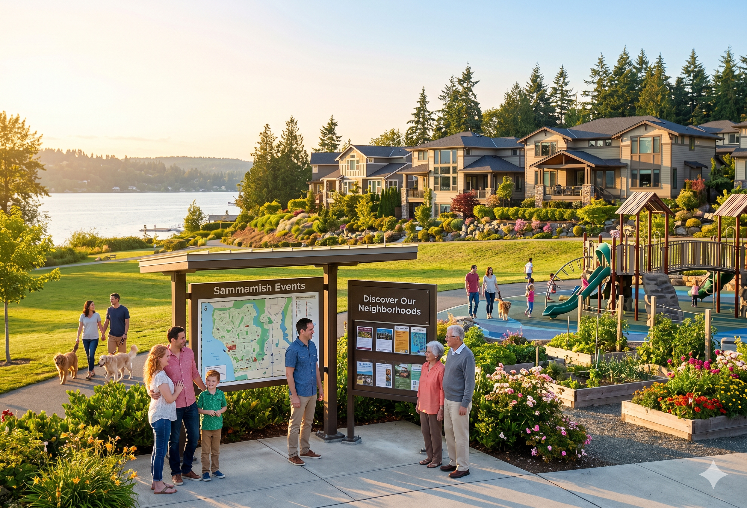 “The Complete Guide to Sammamish Neighborhoods: Pine Lake, Klahanie, Beaver Lake and Beyond” featuring a scenic Sammamish lake at sunset, families enjoying a picnic and community gathering, upscale homes, wooded hills, and a welcoming neighborhood lifestyle atmosphere.