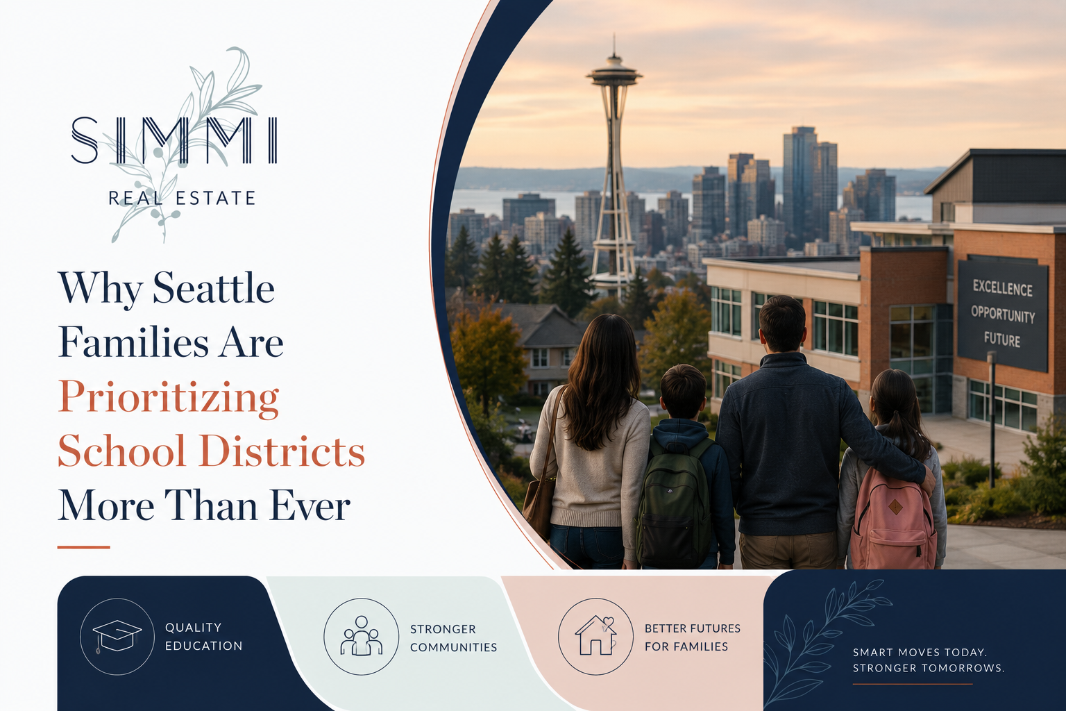 Real estate blog graphic showing a family with children facing a school in Seattle with skyline in the background, highlighting the growing importance of school districts for homebuyers, branded by Simmi Real Estate.