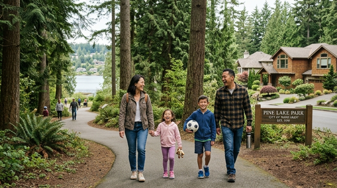 Family of four walking through a scenic Sammamish neighborhood near Pine Lake Park, highlighting the family-friendly lifestyle drawing buyers to Sammamish in 2026.