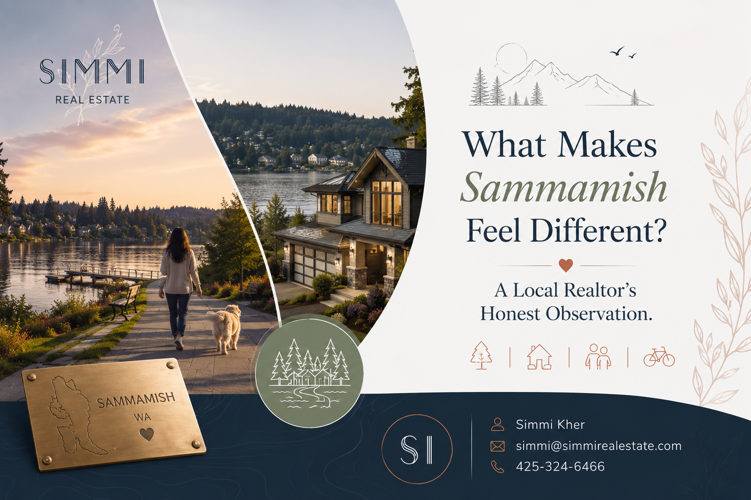 Professional real estate blog graphic featuring Simmi Real Estate branding and a visually rich portrayal of the Sammamish lifestyle. The design combines a scenic lakeside walking path, a luxury waterfront home, and natural Pacific Northwest surroundings to showcase the unique character of the community. A person walking a dog along the waterfront symbolizes the relaxed, family-friendly atmosphere that sets Sammamish apart. Elegant illustrations of mountains, trees, and lifestyle icons reinforce themes of nature, homeownership, community, and outdoor living. The headline reads: “What Makes Sammamish Feel Different? A Local Realtor’s Honest Observation.” A sophisticated palette of navy, sage green, warm beige, and terracotta creates a premium and welcoming aesthetic. Contact information for Simmi Kher is displayed at the bottom, highlighting trusted local real estate expertise.