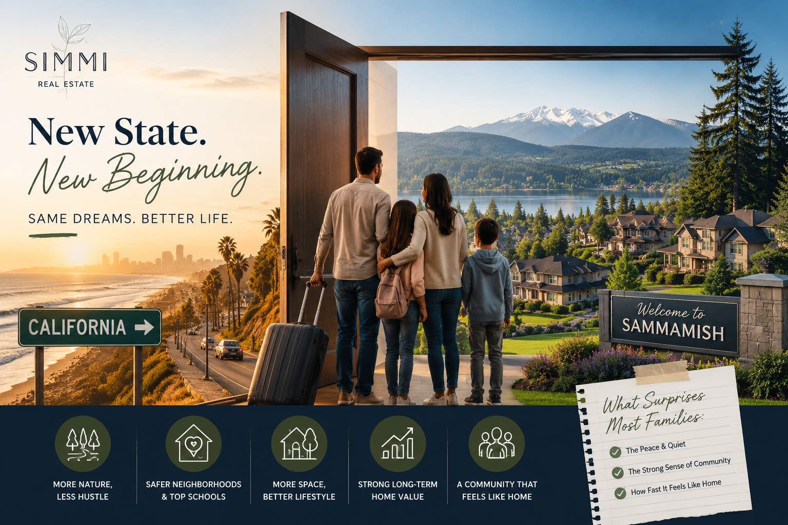 Family moving from California to Sammamish, walking through a doorway from coastal city to peaceful suburban neighborhood with lake and mountains.