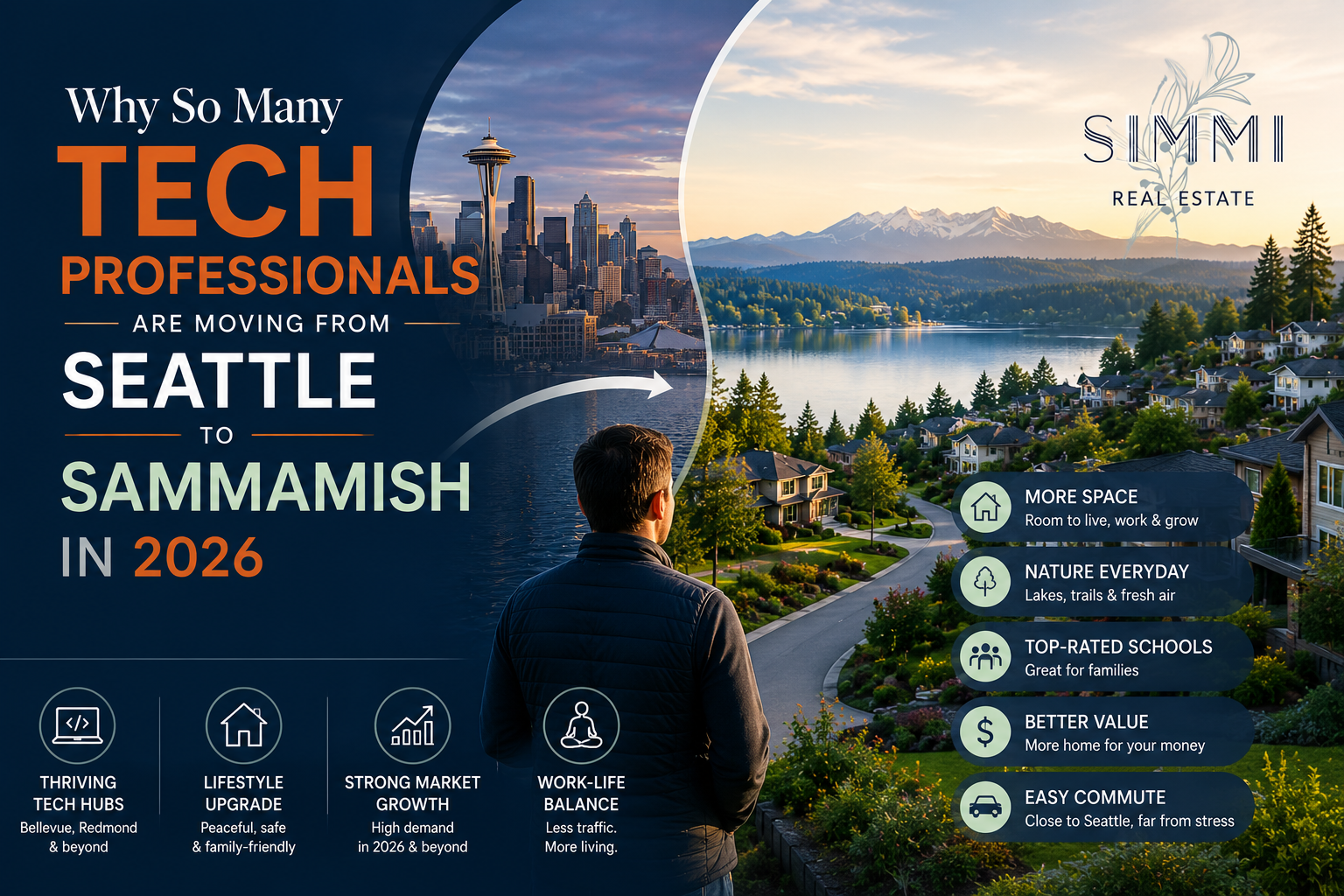 Tech professional overlooking Sammamish neighborhood with Seattle skyline transition, illustrating migration from Seattle to Sammamish for better lifestyle in 2026.