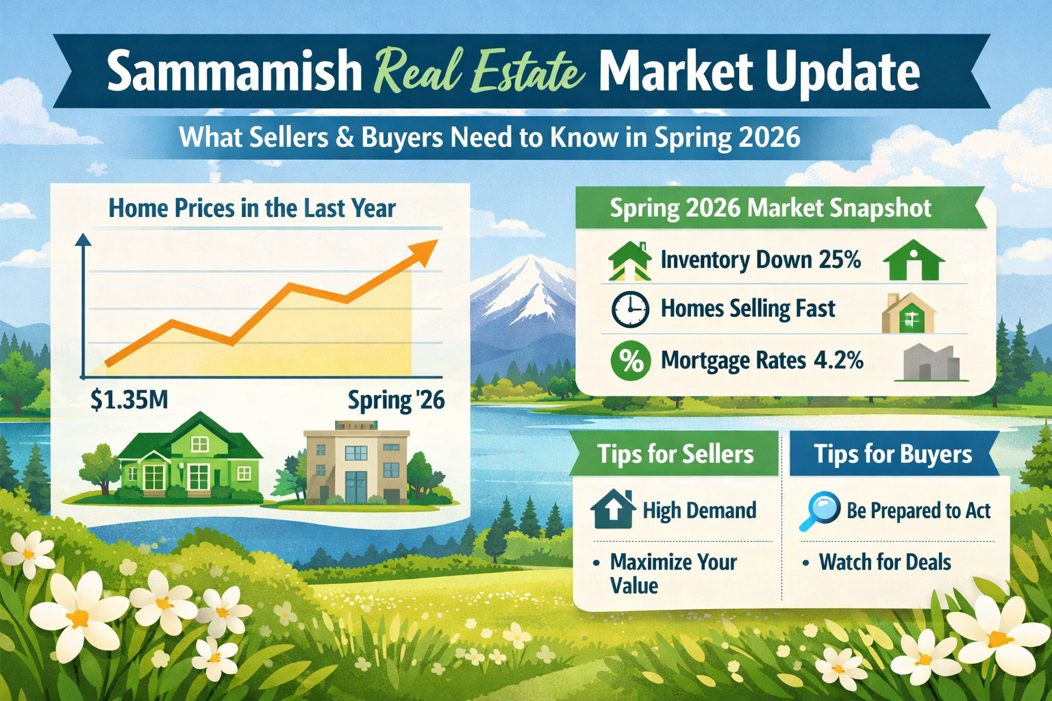 Sammamish Real Estate Market Update: What Sellers and Buyers Need to Know in Spring 2026.” A spring-themed landscape with lake, mountains, trees, and flowers frames a housing market graphic. Left side shows an upward-trending line graph labeled “Home Prices in the Last Year,” rising from $1.35M to Spring ’26, with icons of a single-family home and condo building below. Right side features a “Spring 2026 Market Snapshot” listing inventory down 25%, homes selling fast, and mortgage rates at 4.2%. Bottom section includes tips for sellers: high demand and maximize your value; and tips for buyers: be prepared to act and watch for deals.