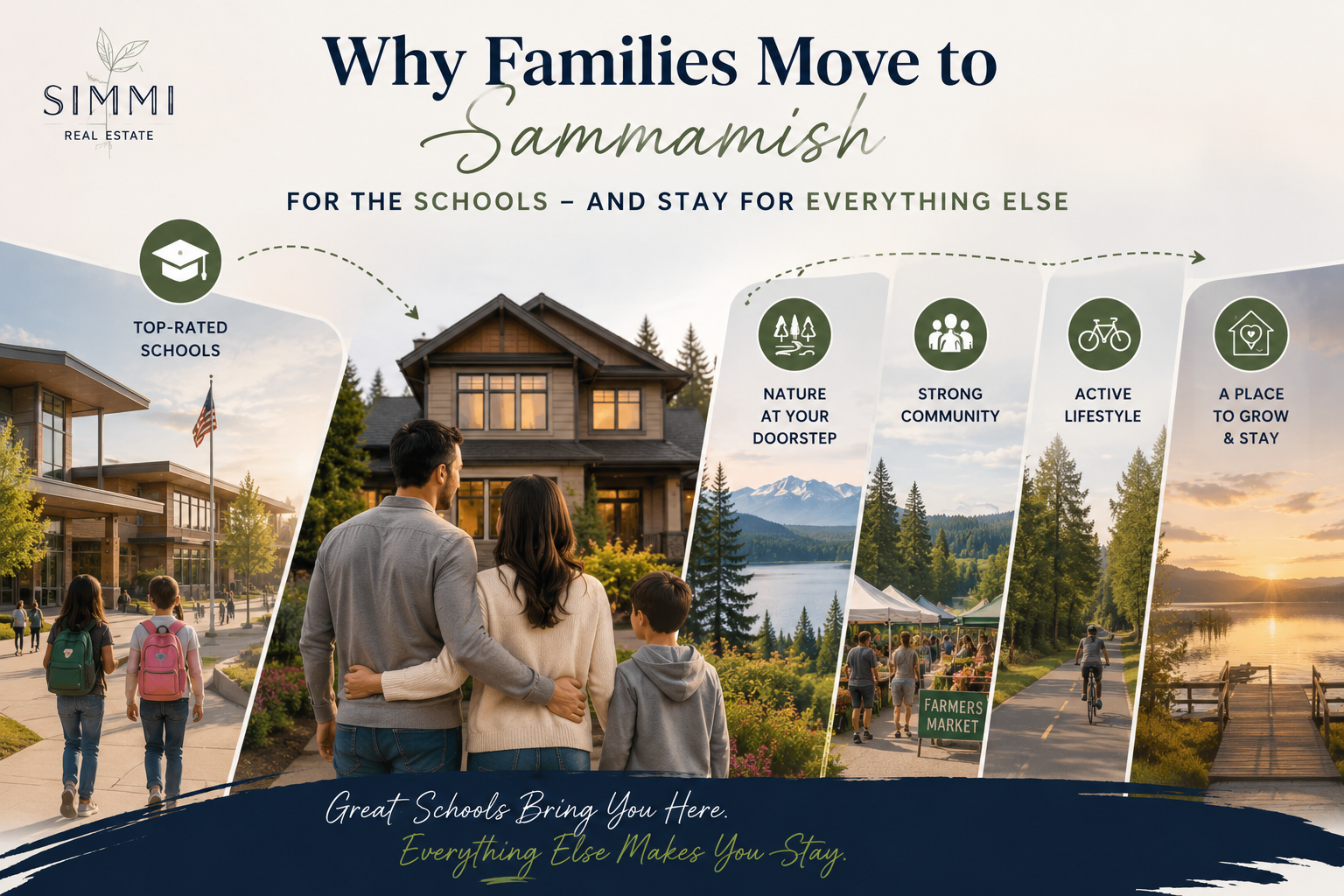 Family in Sammamish with top-rated school and outdoor lifestyle scenes showing why families move for schools and stay for quality of life.