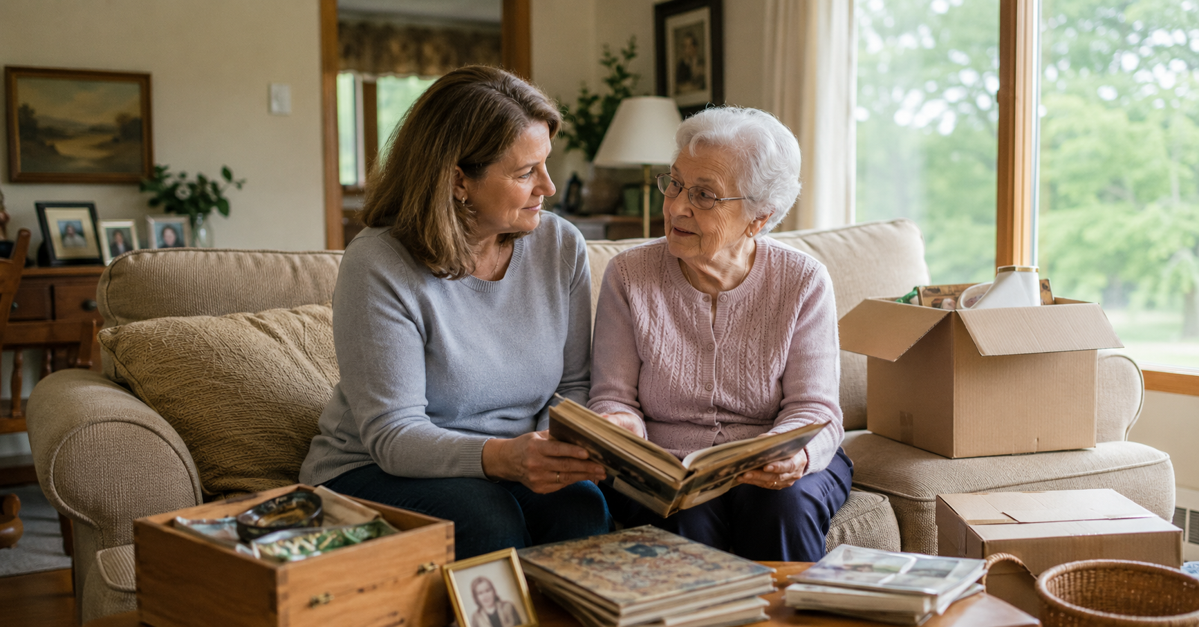 An adult daughter helping her aging mother sort through belongings while downsizing a home in Eau Claire, Wisconsin
