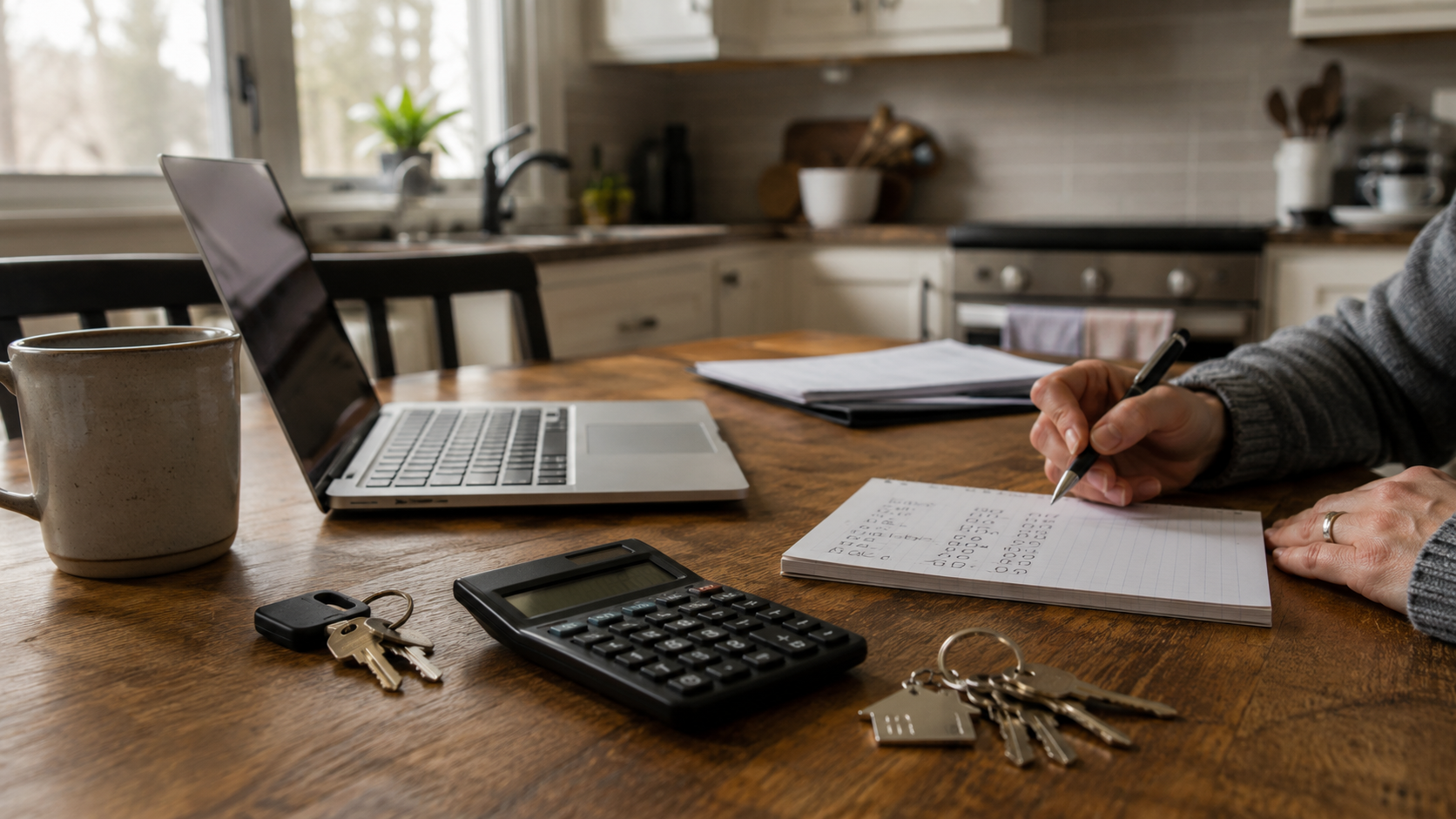 Homeowner at a kitchen table running carrying cost calculations with two sets of house keys, a calculator, and a laptop, representing the buy-before-sell timing decision in the Chippewa Valley