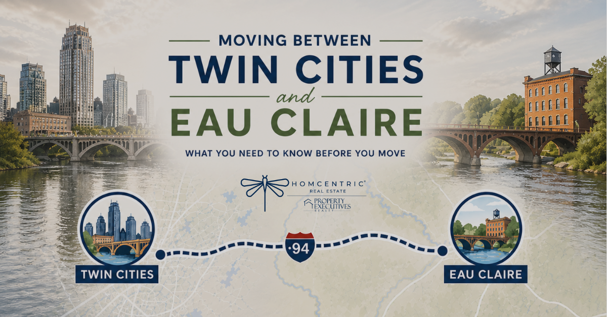 Illustrated blog graphic showing the Twin Cities skyline and Eau Claire's bridge side by side along the I-94 corridor — Moving Between Twin Cities and Eau Claire relocation guide by Homcentric Real Estate