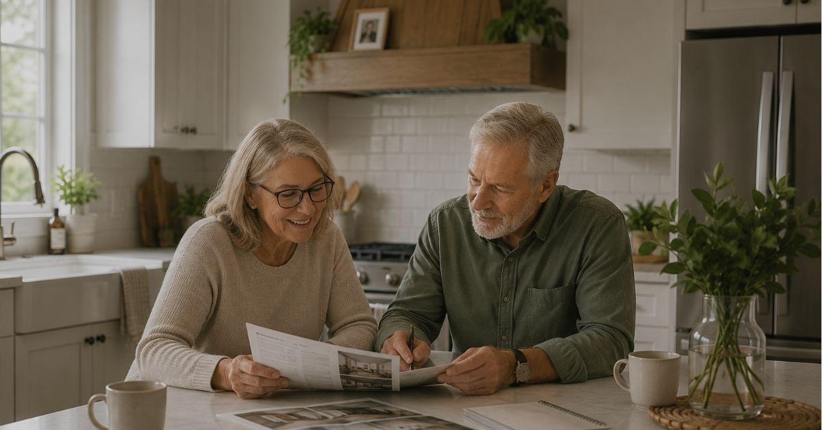Empty nester couple reviewing right-sizing options at a kitchen table in Eau Claire, Wisconsin.