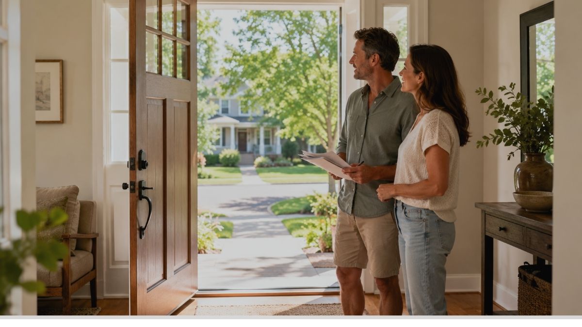 A couple standing at their front door holding documents and looking toward a move-up home in an Eau Claire Wisconsin Neighborhood