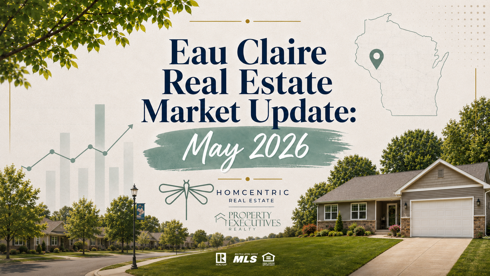 Eau Claire real estate market update for May 2026 featuring a Chippewa Valley home, market chart graphics, and a Wisconsin state map
