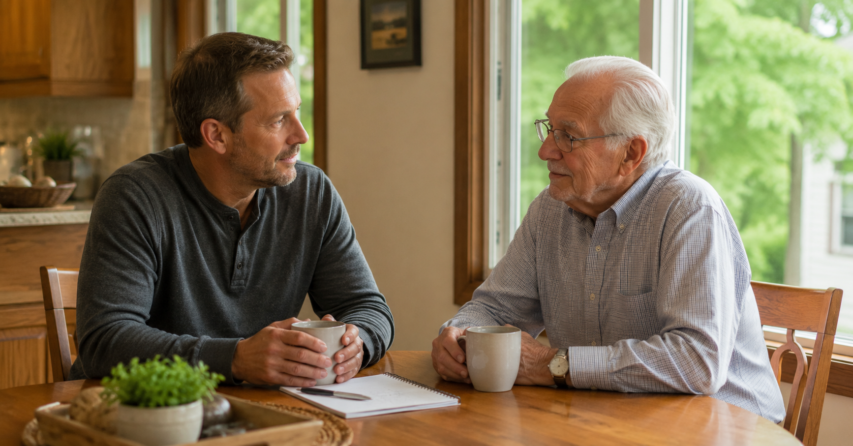 An adult son having a calm, supportive conversation with his aging father about downsizing at their Eau Claire home.