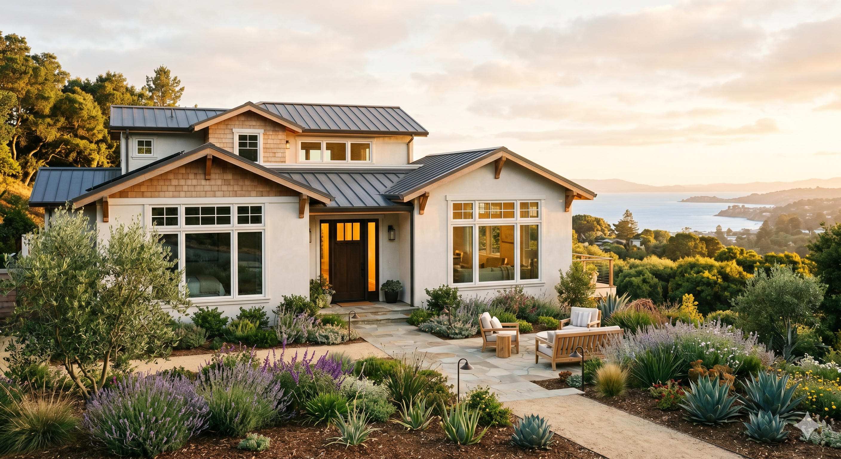 Northern California home exterior in soft golden summer light 