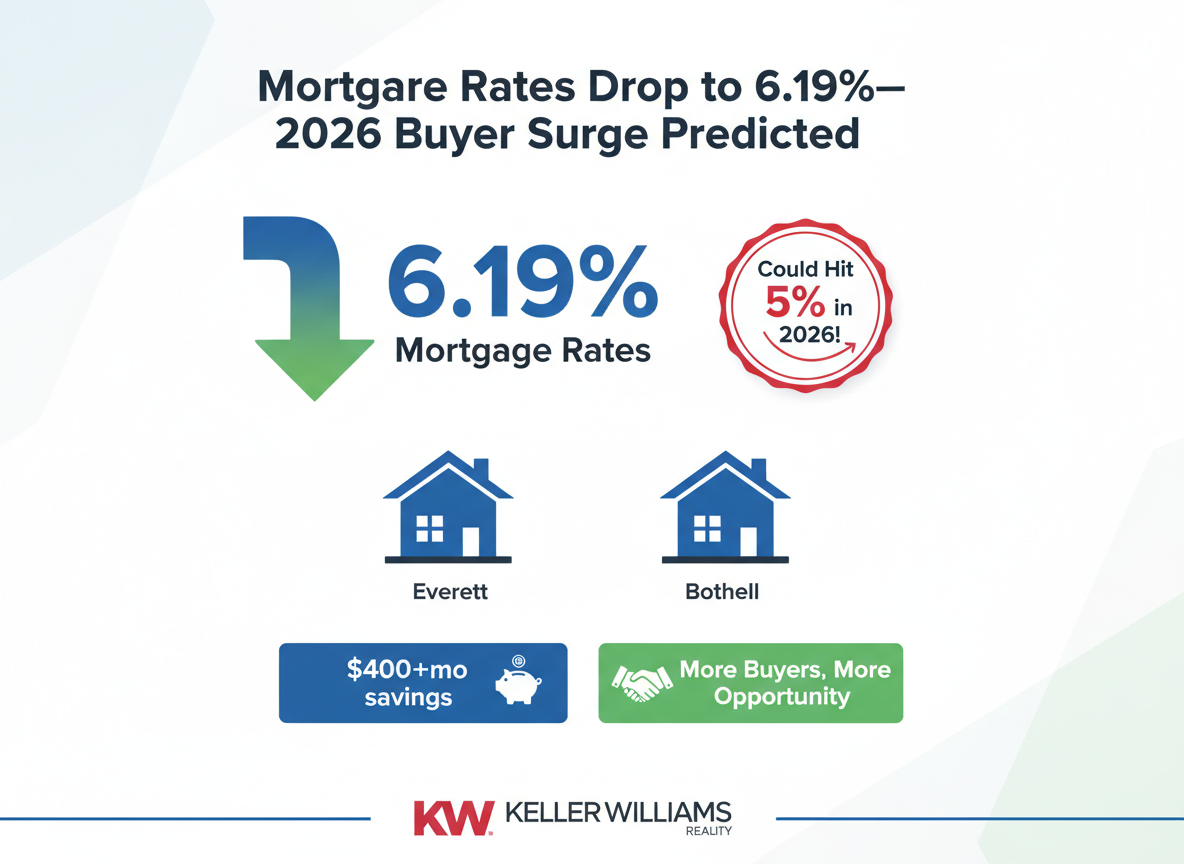  Infographic with headline 'Mortgage Rates Drop to 6.19%—2026 Buyer Surge Predicted', downward arrow, Everett & Bothell house icons, 'Could Hit 5% in 2026!', '$400+/mo savings', 'More Buyers, More Opportunity', and Keller Williams branding.