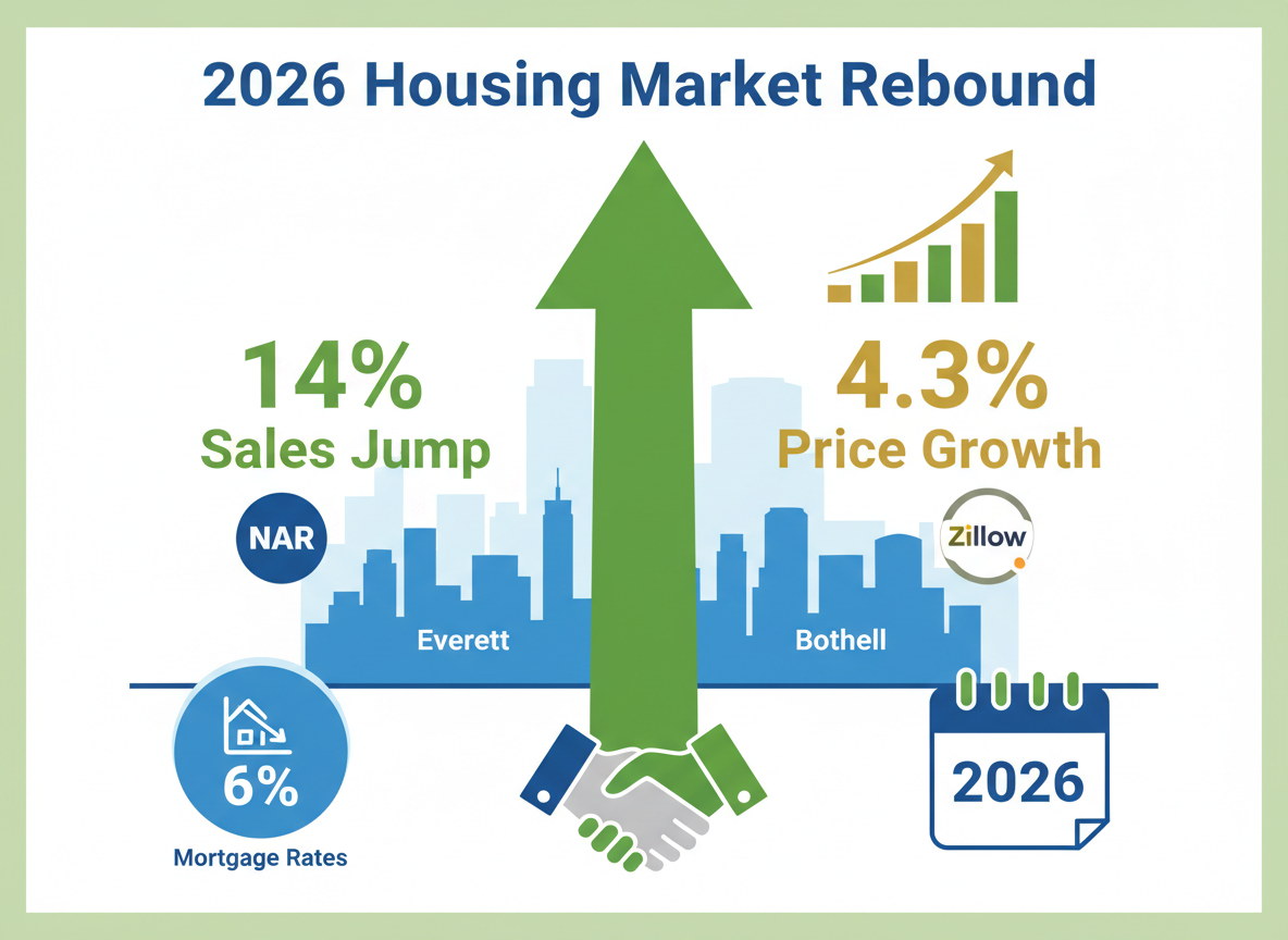 2026 housing market rebound NAR 14 percent sales jump Zillow 4.3 percent price growth Everett Bothell stable mortgage rates infographic
