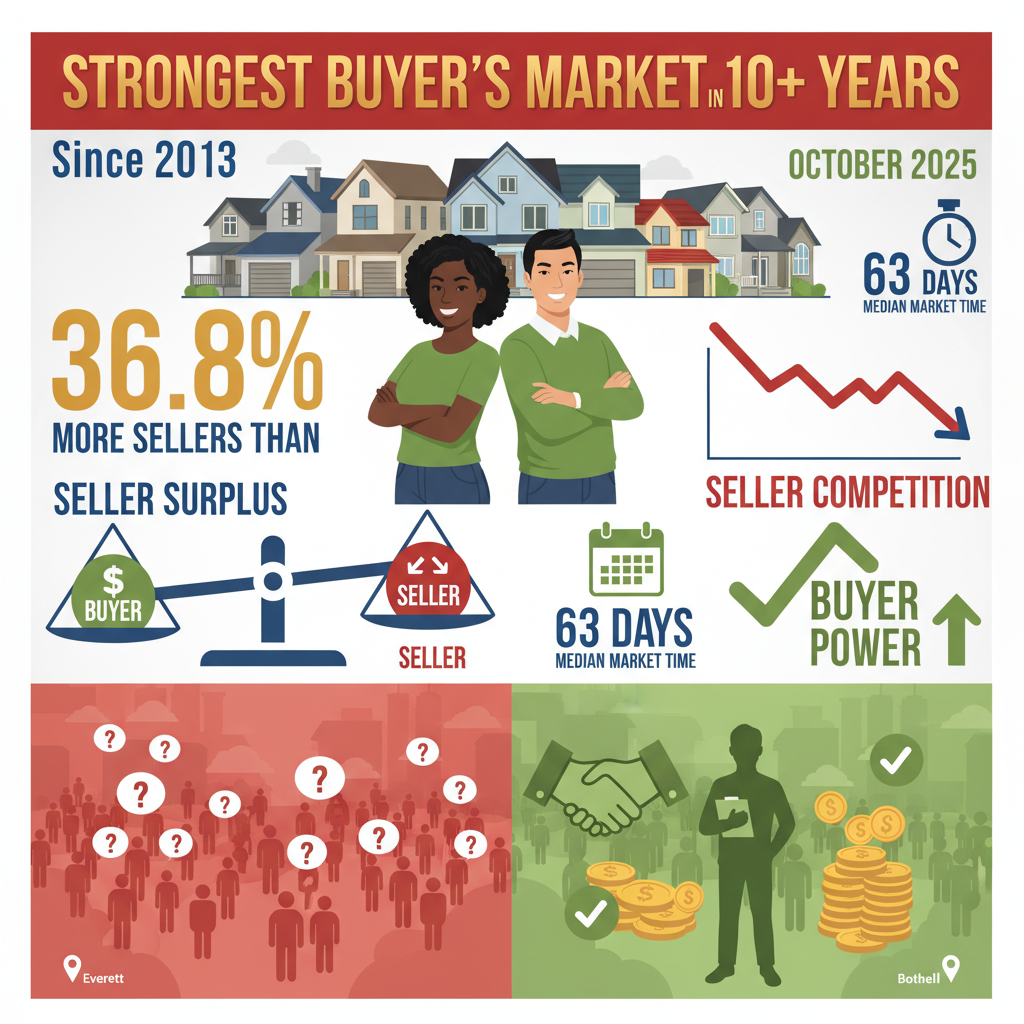 Strongest buyer's market in over a decade 36.8% more sellers than buyers 528769 seller surplus Everett Bothell November 2025 historic opportunity