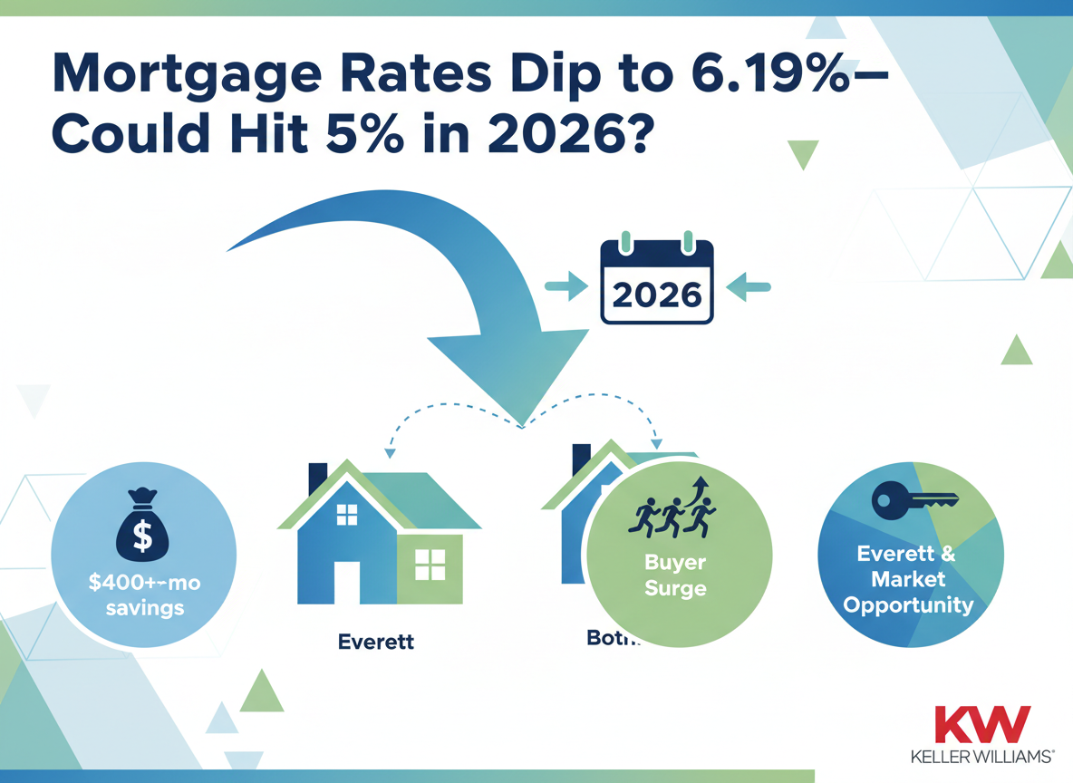 Mortgage rates dip 6.19 percent could hit 5 percent 2026 Everett Bothell buyers surge affordability infographic