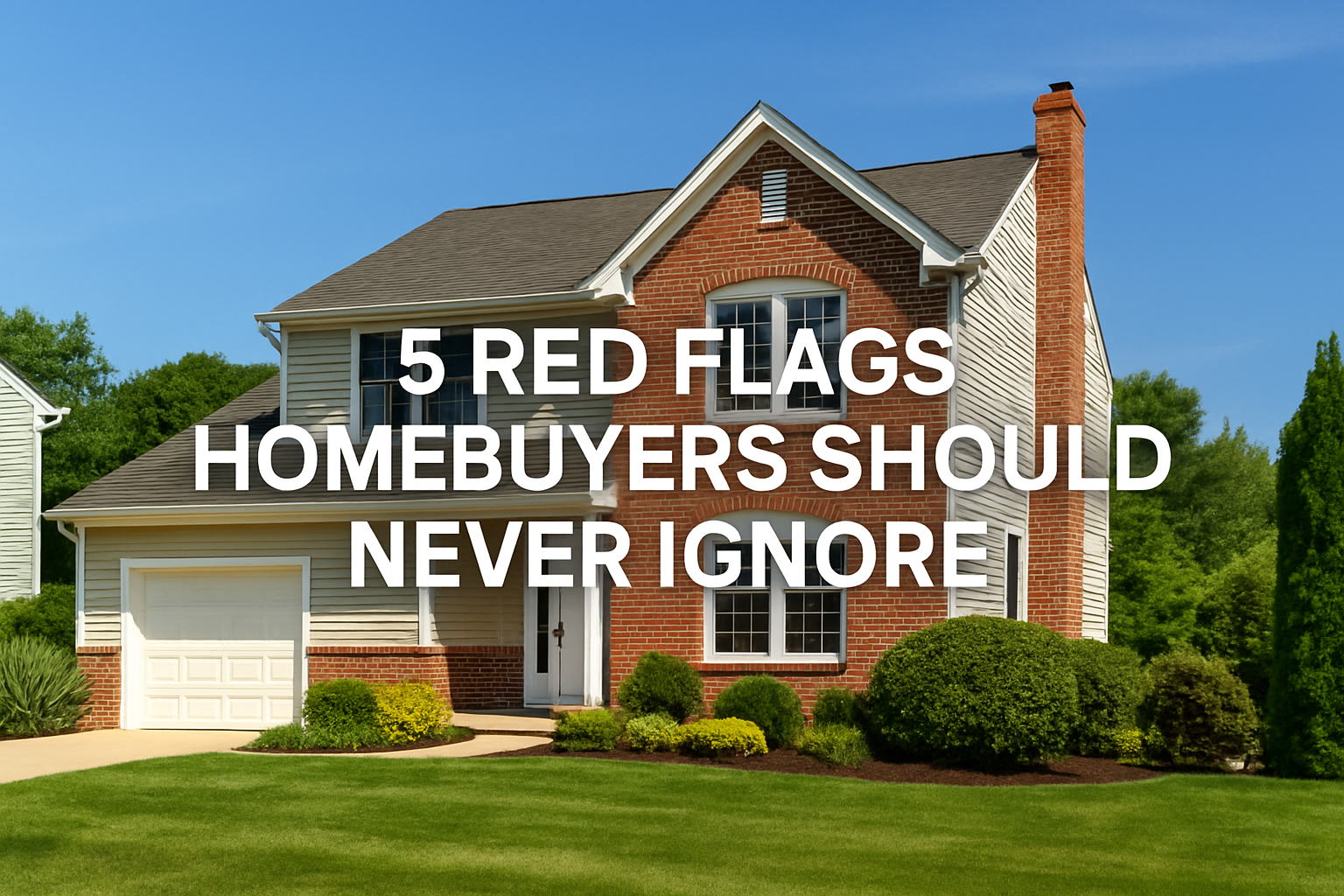 A landscaped suburban home with brick and siding exterior under a clear blue sky, featuring centered white overlay text that reads ‘5 Red Flags Homebuyers Should Never Ignore.’