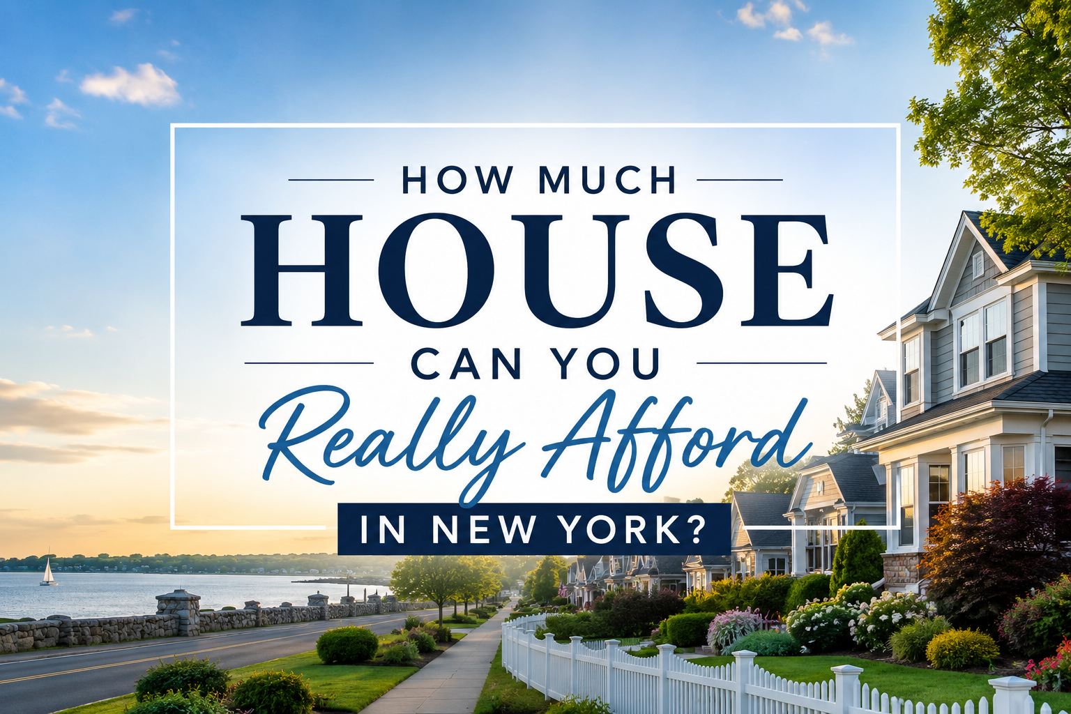 Long Island, New York suburban homes along a waterfront street with the title 'How Much House Can You Really Afford in New York?' displayed prominently. A professional real estate blog cover image illustrating home affordability, mortgage planning, and buying a home in New York.