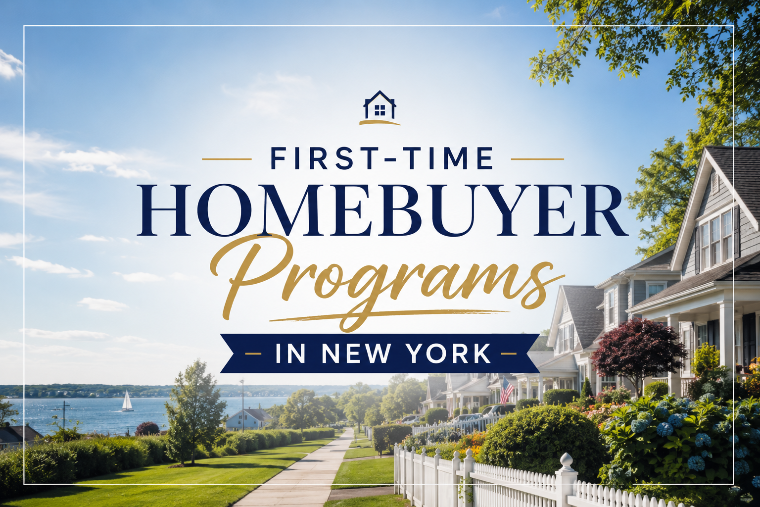 First-Time Homebuyer Programs in New York cover image showing a scenic Long Island suburban community with waterfront homes, illustrating down payment assistance, grants, and affordable homeownership opportunities for New York buyers.