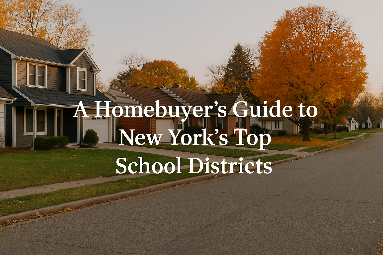 A suburban New York neighborhood with well-maintained homes and autumn trees, featuring centered overlay text reading ‘A Homebuyer’s Guide to New York’s Top School Districts.’