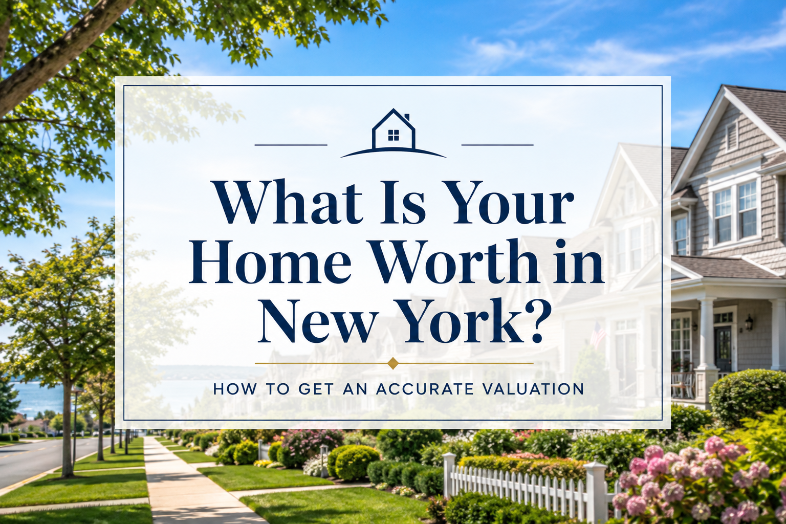 Long Island NY residential neighborhood with luxury suburban homes and landscaped streets, illustrating a real estate guide about determining home value and obtaining an accurate home valuation in New York.