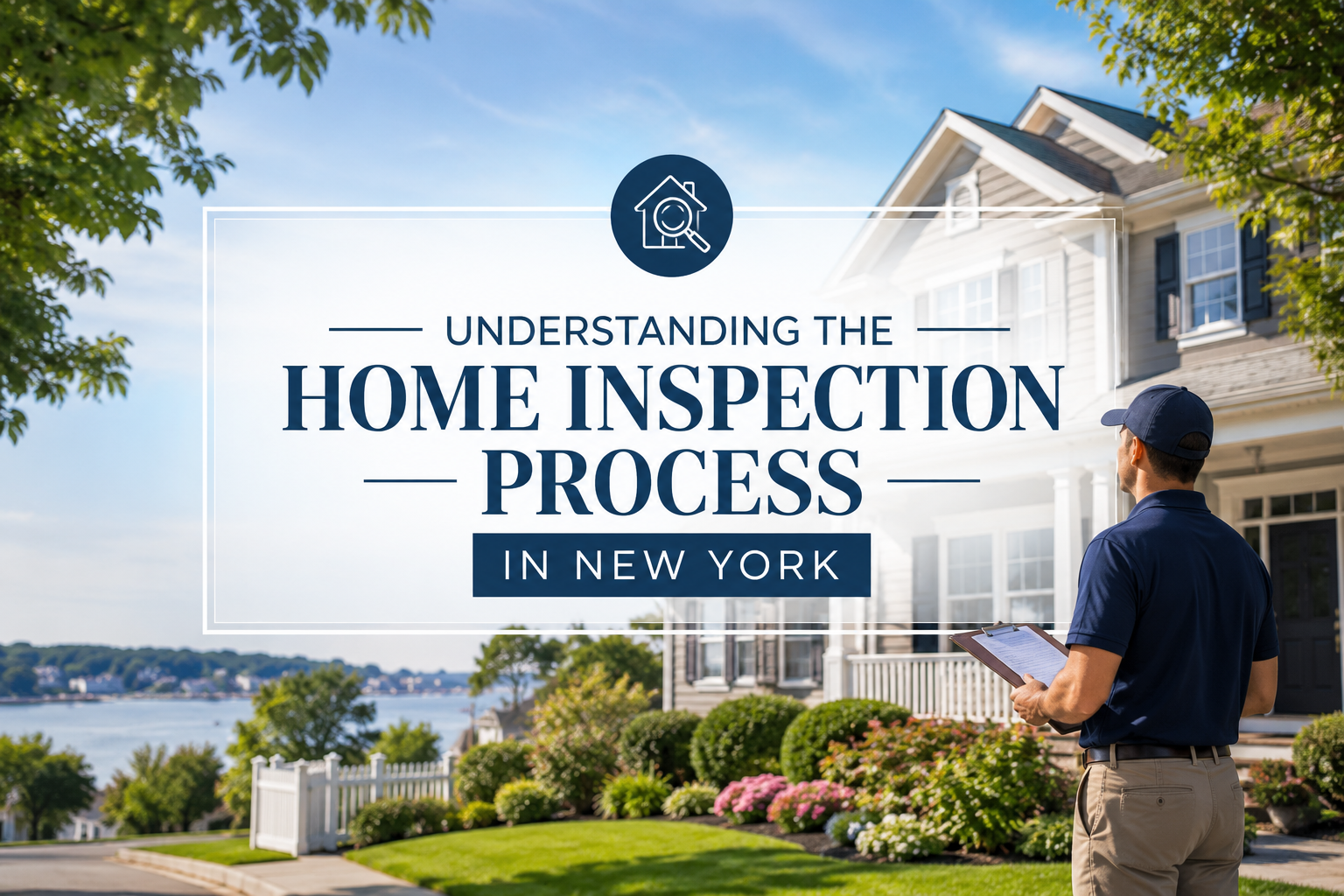 Home inspector evaluating a waterfront suburban home on Long Island, New York before a real estate purchase.