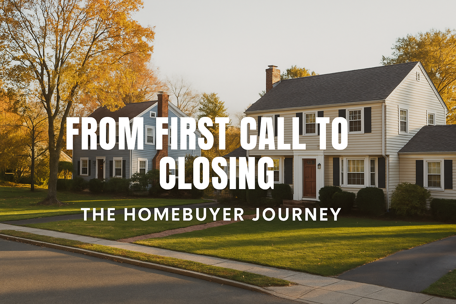 Suburban New York street with two classic colonial-style homes surrounded by fall foliage, featuring centered overlay text that reads ‘From First Call to Closing - The Homebuyer Journey.’