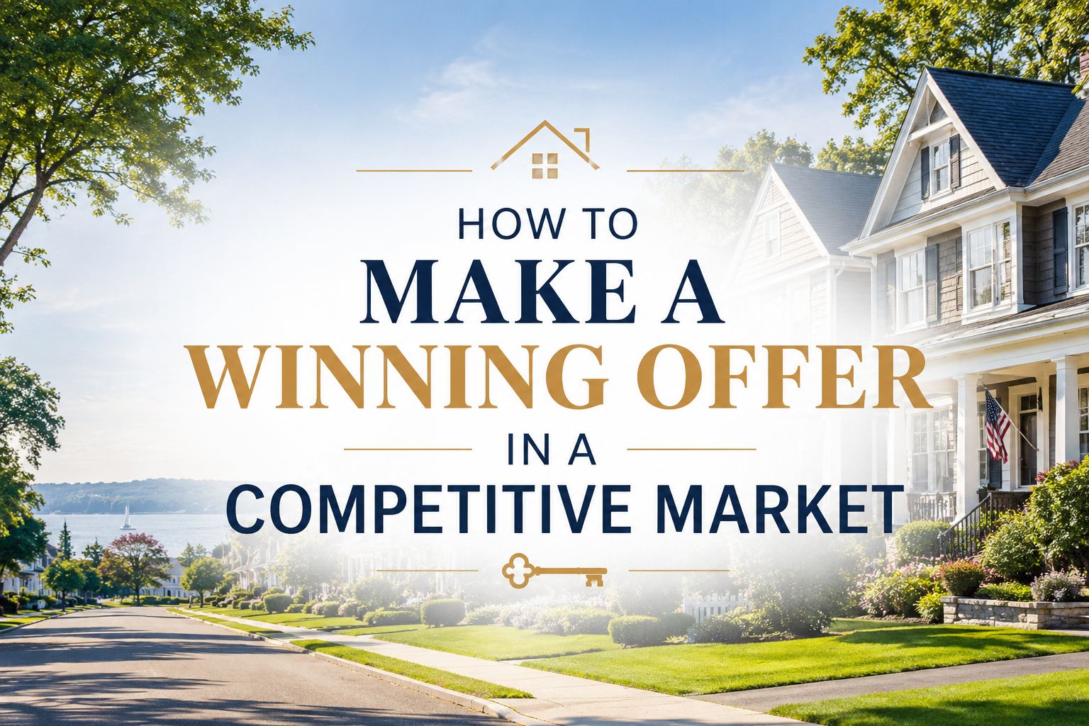 Real estate blog cover showing a desirable Long Island, New York suburban neighborhood with the title 'How to Make a Winning Offer in a Competitive Market,' helping homebuyers understand successful offer strategies in competitive housing markets.