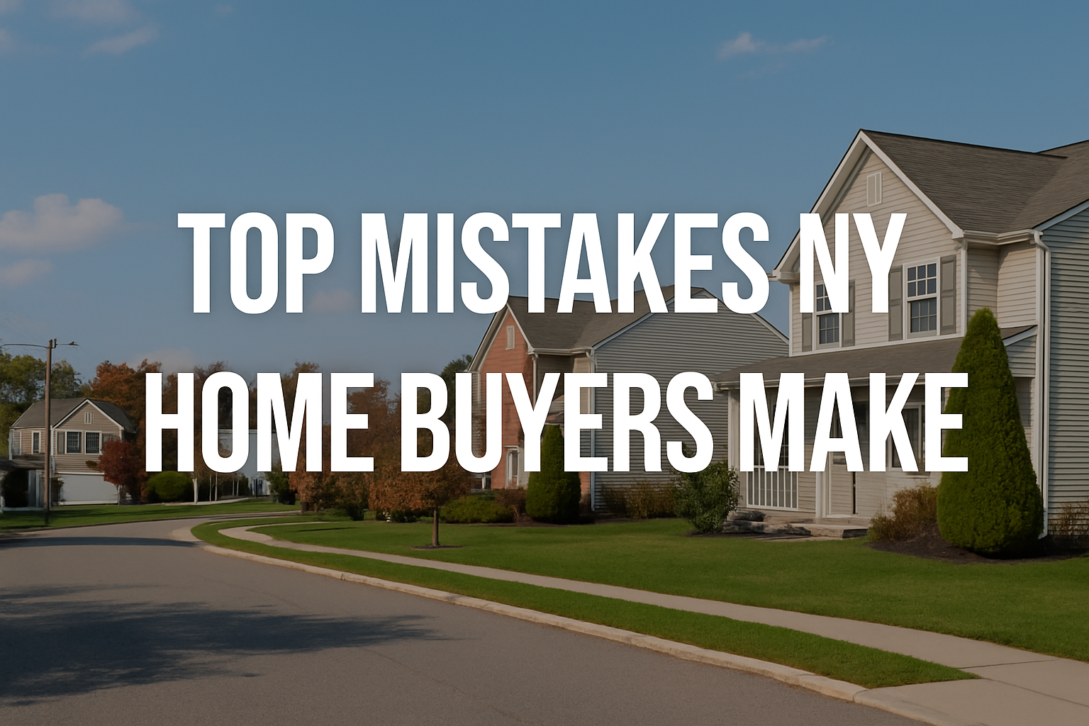 Suburban Long Island-style neighborhood with tree-lined streets and modern single-family homes under a clear sky, featuring centered text that reads ‘Top Mistakes NY Home Buyers Make.’